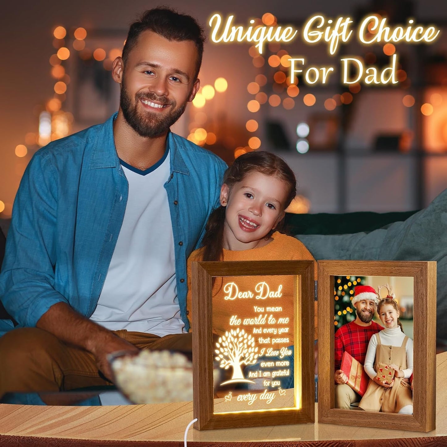 Dad Christmas Gifts for Dad from Daughter Son Kids, Engraved Night Light with Dad Picture Frame 5x7 Father in Law Christmas Gifts for Dad Who Wants Nothing & Gifts for Step Dad Bonus Dad New Dad Gifts