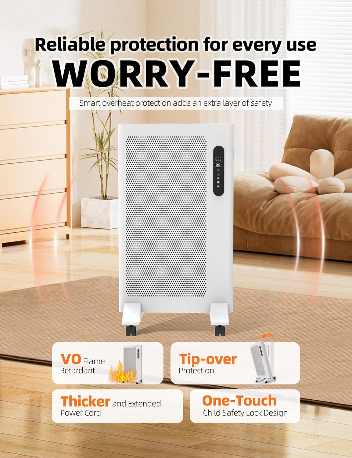 Mica Infrared Space Heater, 1500W Portable Panel Heater for Indoor Use, Large Room, WiFi Smart App & Alexa Control, Fast Heating, Energy Efficient, Quiet, White