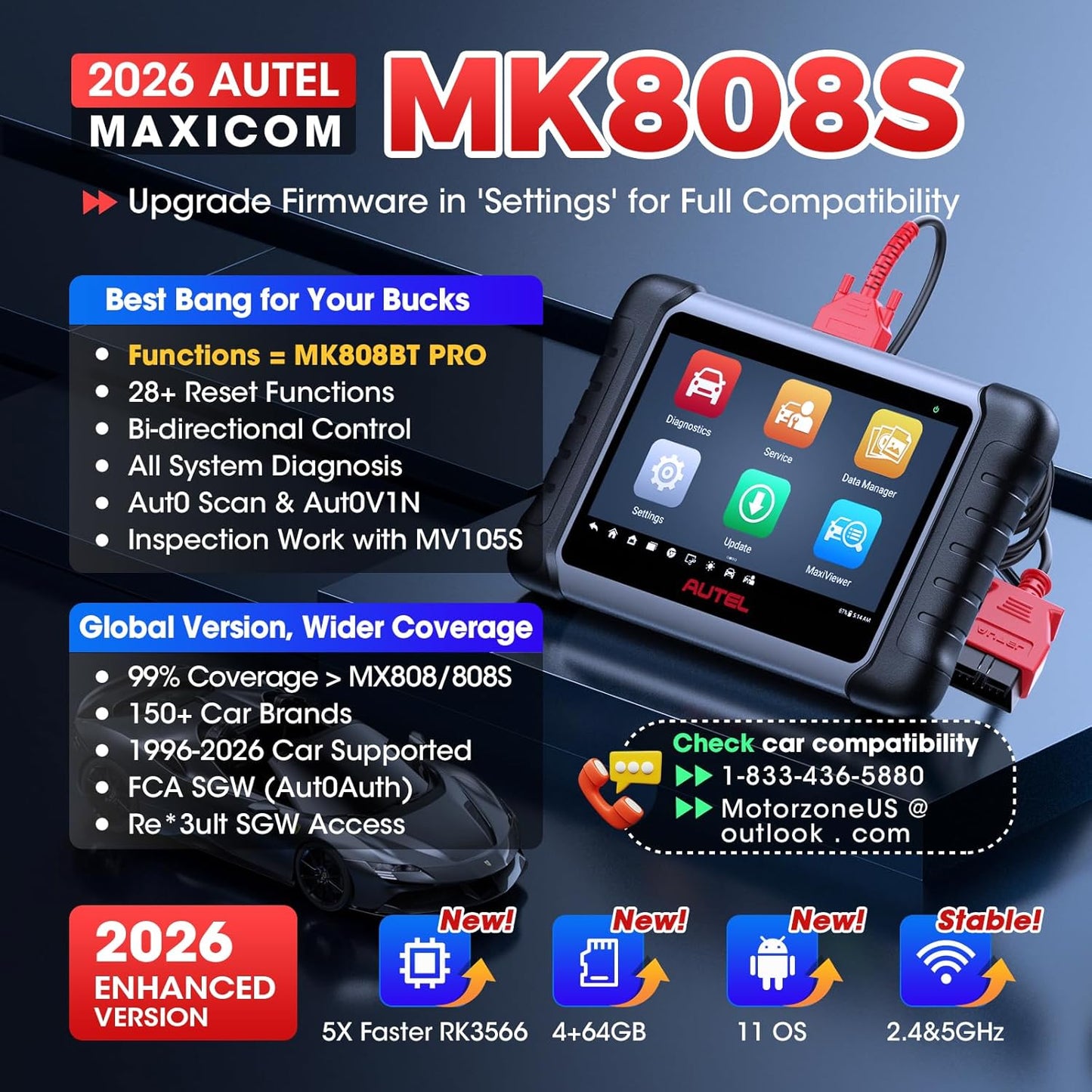 Autel Scanner MaxiCOM MK808S: 2026 Bidirectional Tool as MK808BT Pro MX808S M808Z, Work as MaxiCheck MX900 MK900BT, 28+ Service, Active Test, All System Diagnose, Injector C0ding, FCA Autoauth OS 11
