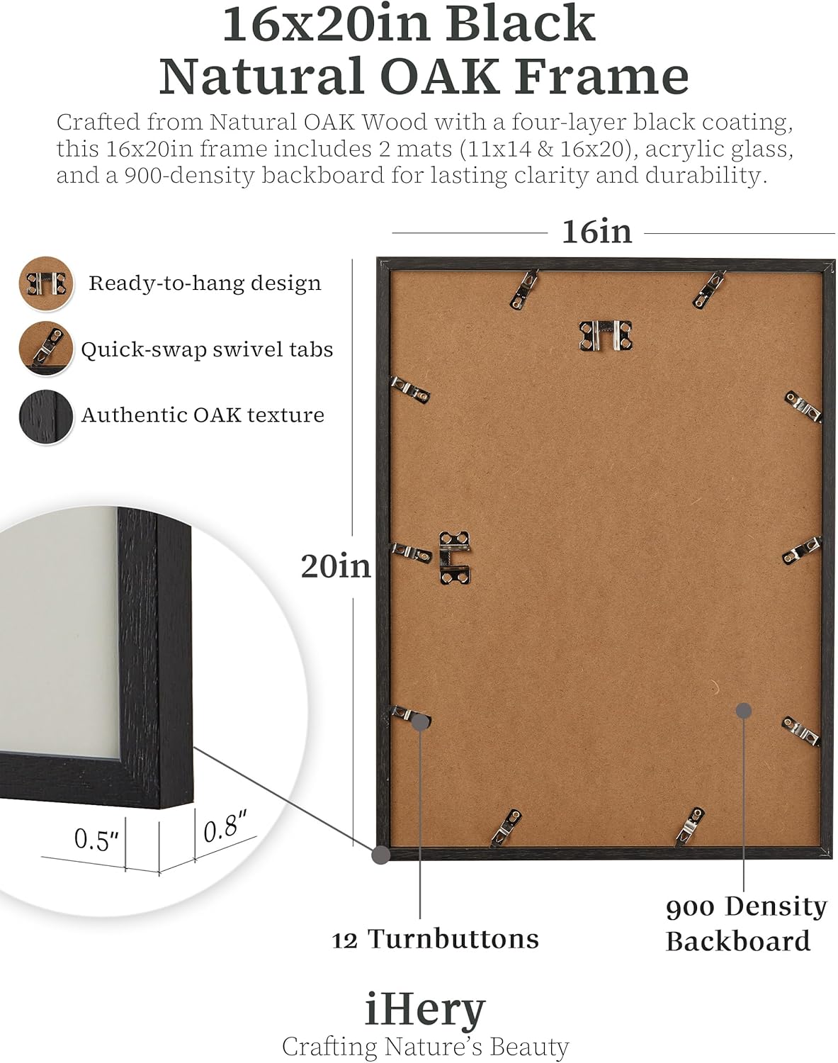 iHery Standard 16x20in Premium Truly Natural OAK Wood Black Color Picture Frame with 2 Mats (11x14,16x20), Acrylic Glass Thickened Backboard, Minimalist Photo Frames Narrow Border Set of 3