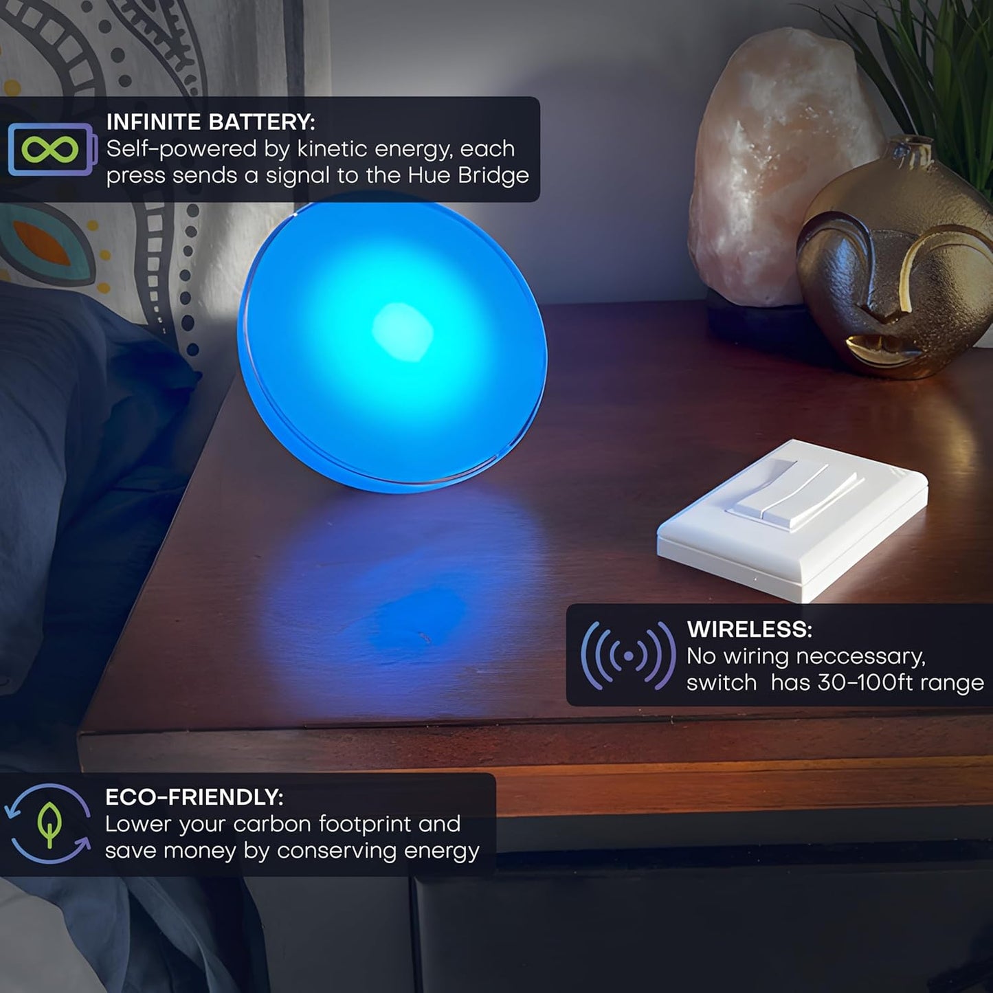 RunLessWire Click for Philips Hue – Battery-Free Wireless Smart Light Switch, 30ft Range – Works Natively with Philips Hue Bridge – Wall Mount Kinetic Switch - Decora Style, White 2 Pack
