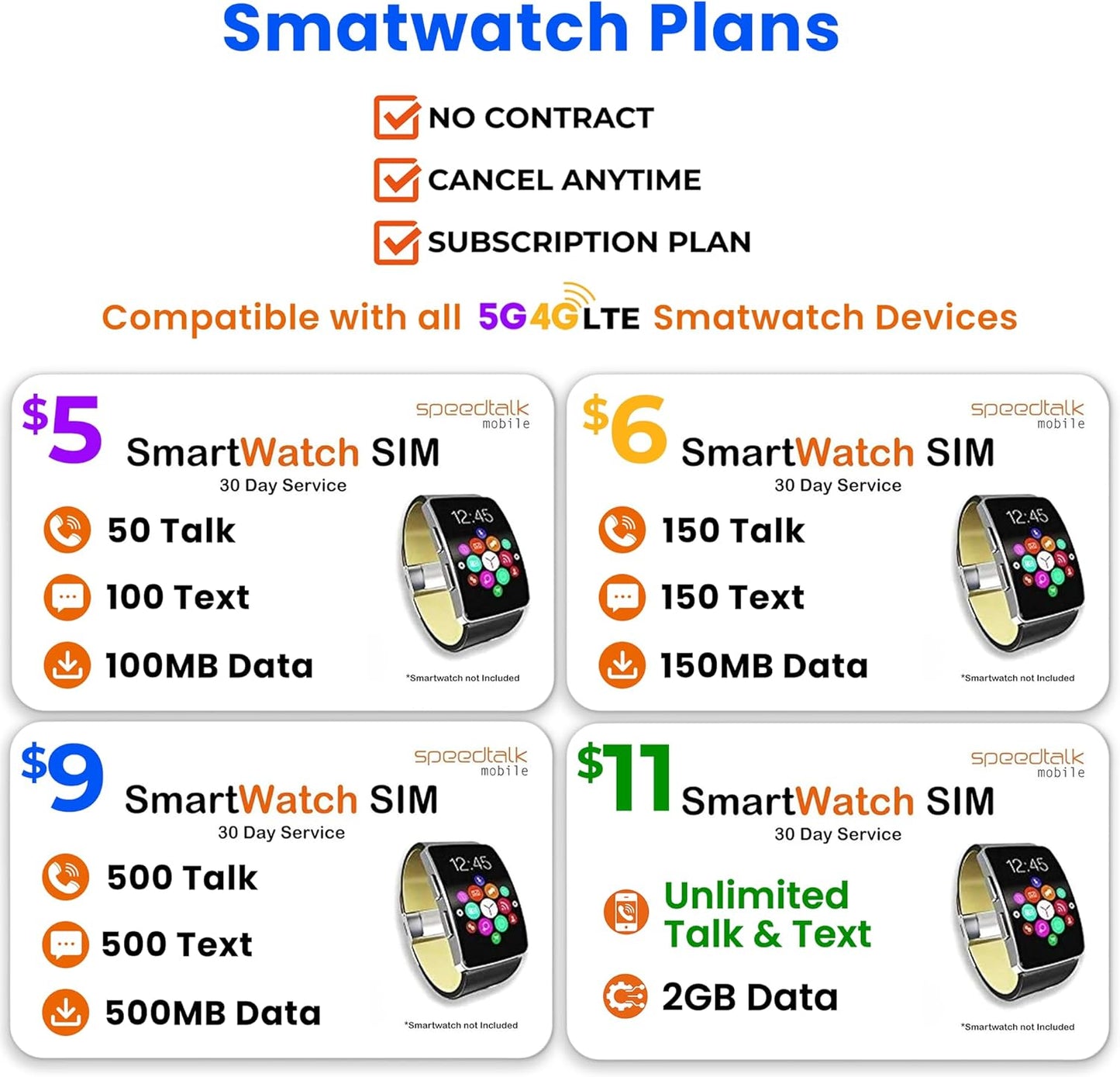 SpeedTalk Mobile Smartwatch SIM Card Starter Kit - Triple Cut 3 in 1 Simcard: Standard, Micro, Nano for 4G Kids Senior Smart Watches & Wearables | No Contract No Credit Check | Global Coverage