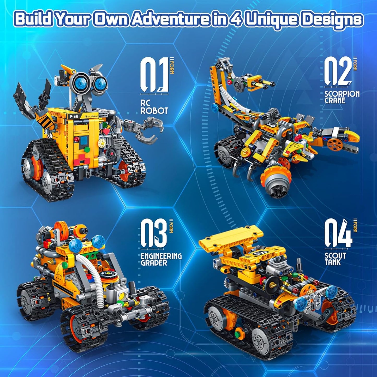 Robot Building Kit for Kids and Adults, 4-in-1 Rechargeable RC Robotics Kit with Remote & App Control, STEM Coding Toys & Science Projects, Birthday Gifts for Boys Ages 8-12+ (588 Pcs)