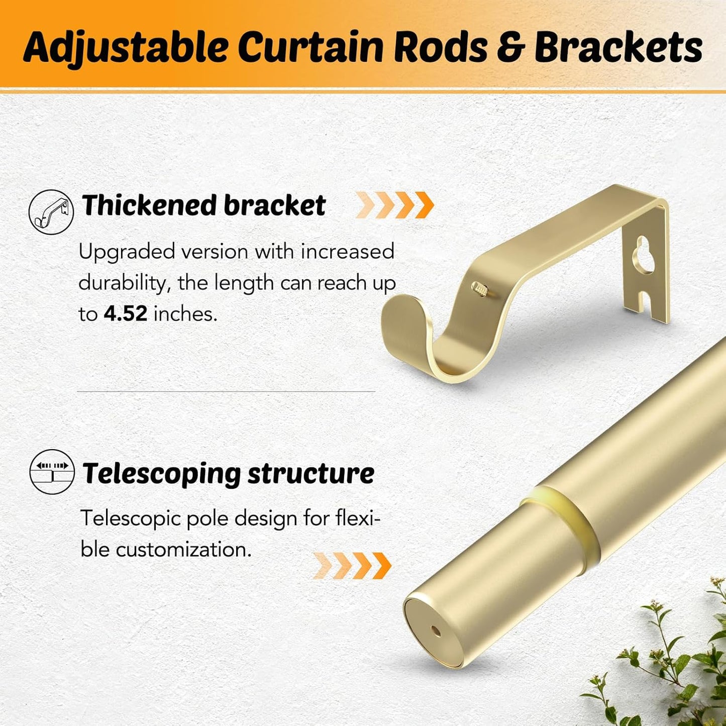 GEEBOBO 2 Pack Gold Curtain Rods for Windows 48 to 84 Inch, 1 Inch Adjustable Heavy Duty Decorative Curtain Rods, W1 (Gold, 32"-90",2 Pack)
