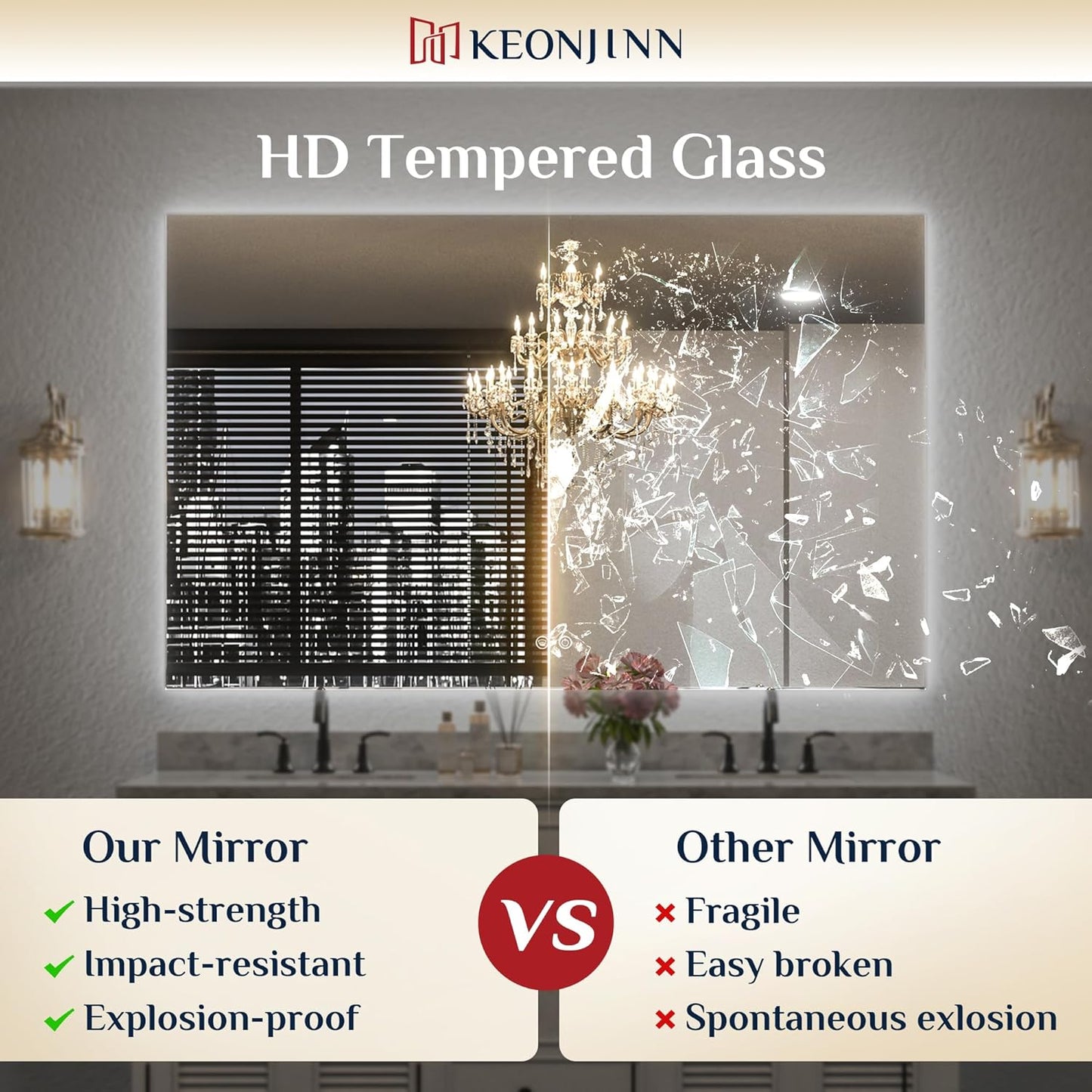 Keonjinn 28 x 36 Inch LED Bathroom Mirror with Backlit, Anti-Fog Vanity Mirror, CRI90+ HD Tempered Glass, Stepless Dimmable, High Lumen, UL Listed, Waterproof, Horizontal/Vertical