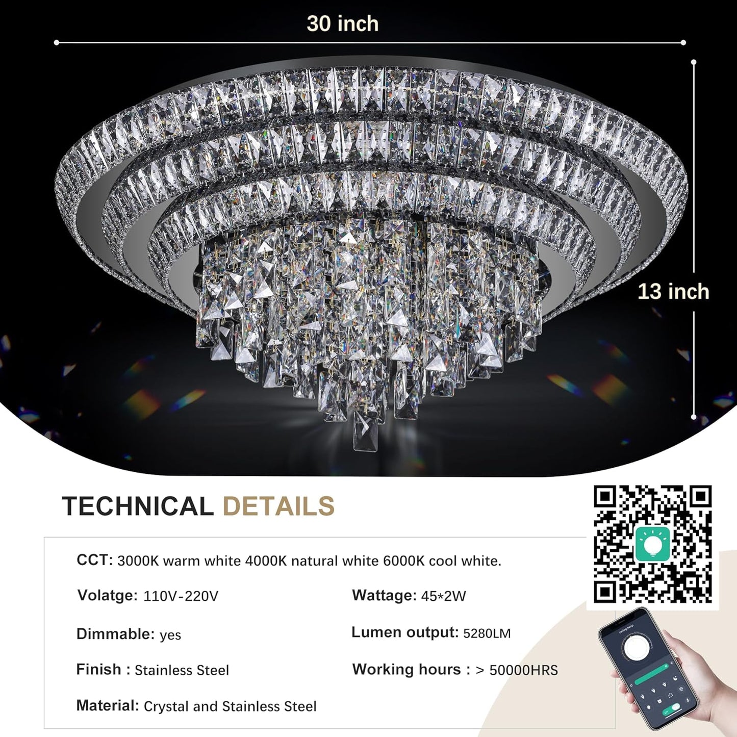 30 inch Crystal Black Ceiling-Light Flush Mount with Remote Control and APP, 3CCT Dimmable & Brightness Adjustable, Modern Crystal Raindrop Chandeliers for Bedroom Hallway Dinning Room Living Room