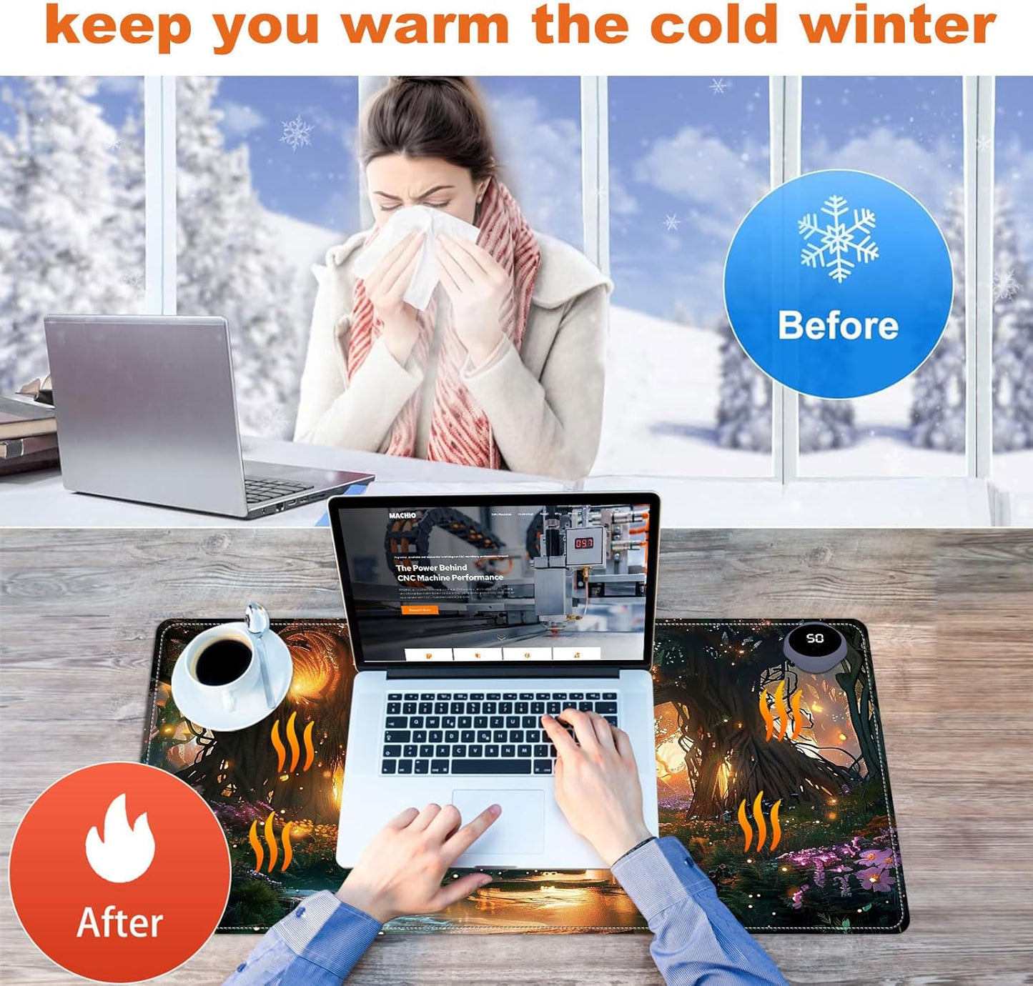 Heated Mouse Pad for Desk 31.5" x 13" – PU Leather Warm Desk Pad with 3 Heat Levels (104°F/113°F/122°F), Plug-in Electric Heating Mat with Auto Shut-Off, Waterproof & Rollable, Glowing Forest