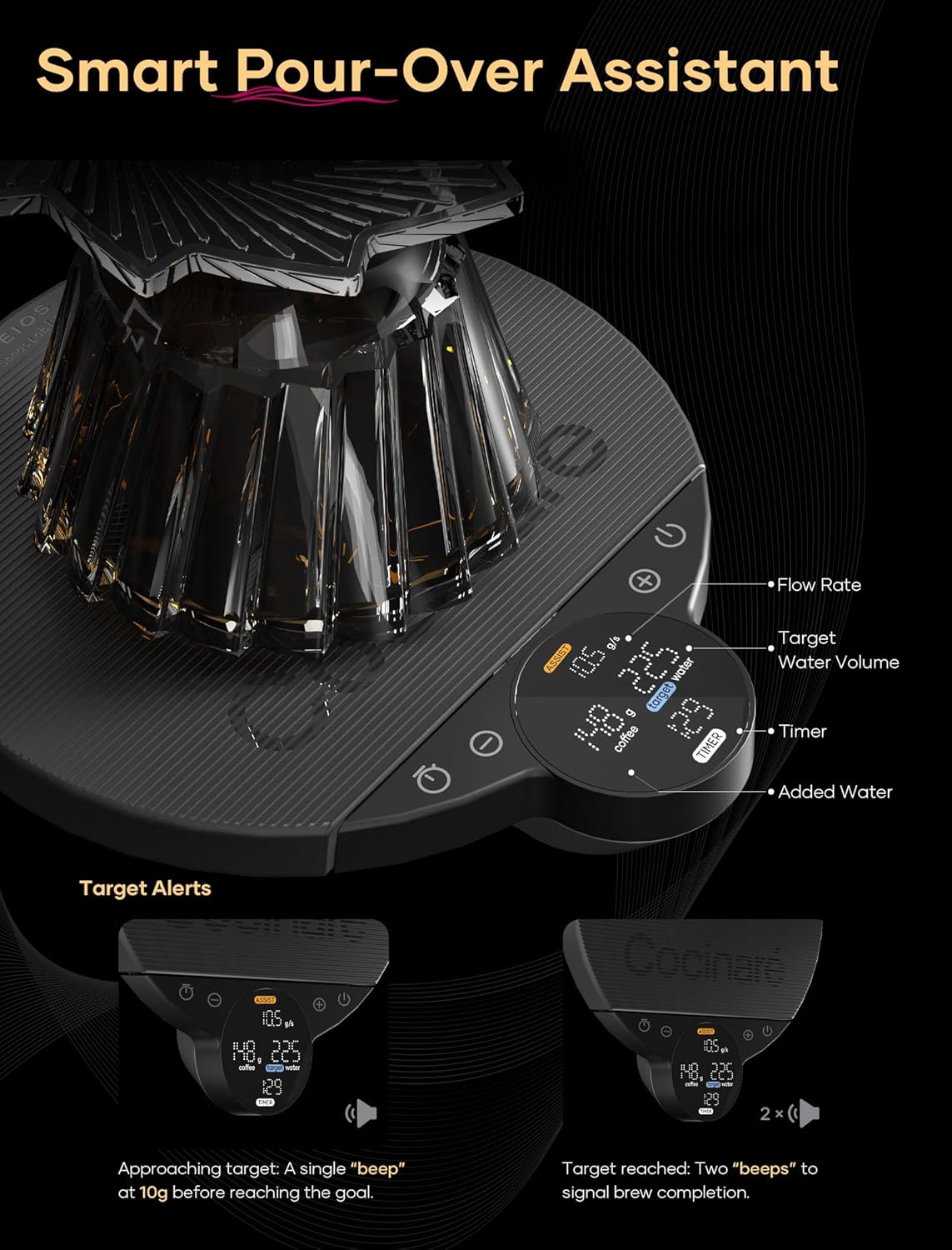 Cocinare Balance Lite Coffee Scale with Timer, 3kg/0.1g Precision Digital Scale for Pour-Over, Espresso & Drip, 3 Brewing Modes (Assist, Weigh, Competition), Adjustable Ratios & Flow Rate, Black