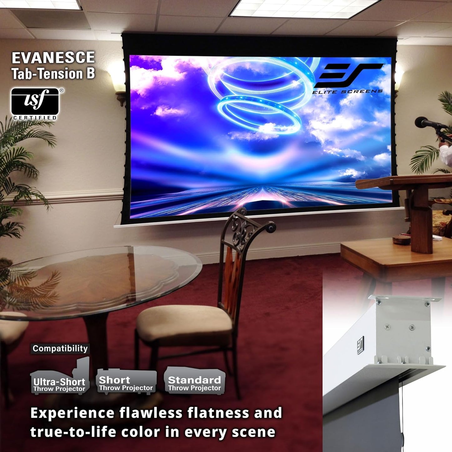 Elite Screens Evanesce Tab-Tension B, 110-inch 16:9, 4K / 8K HD, Recessed in-Ceiling Electric Tab Tensioned Projector Screen, Matte White Projection Screen Surface Programmed Remote Kit, ETB110HW3-E8