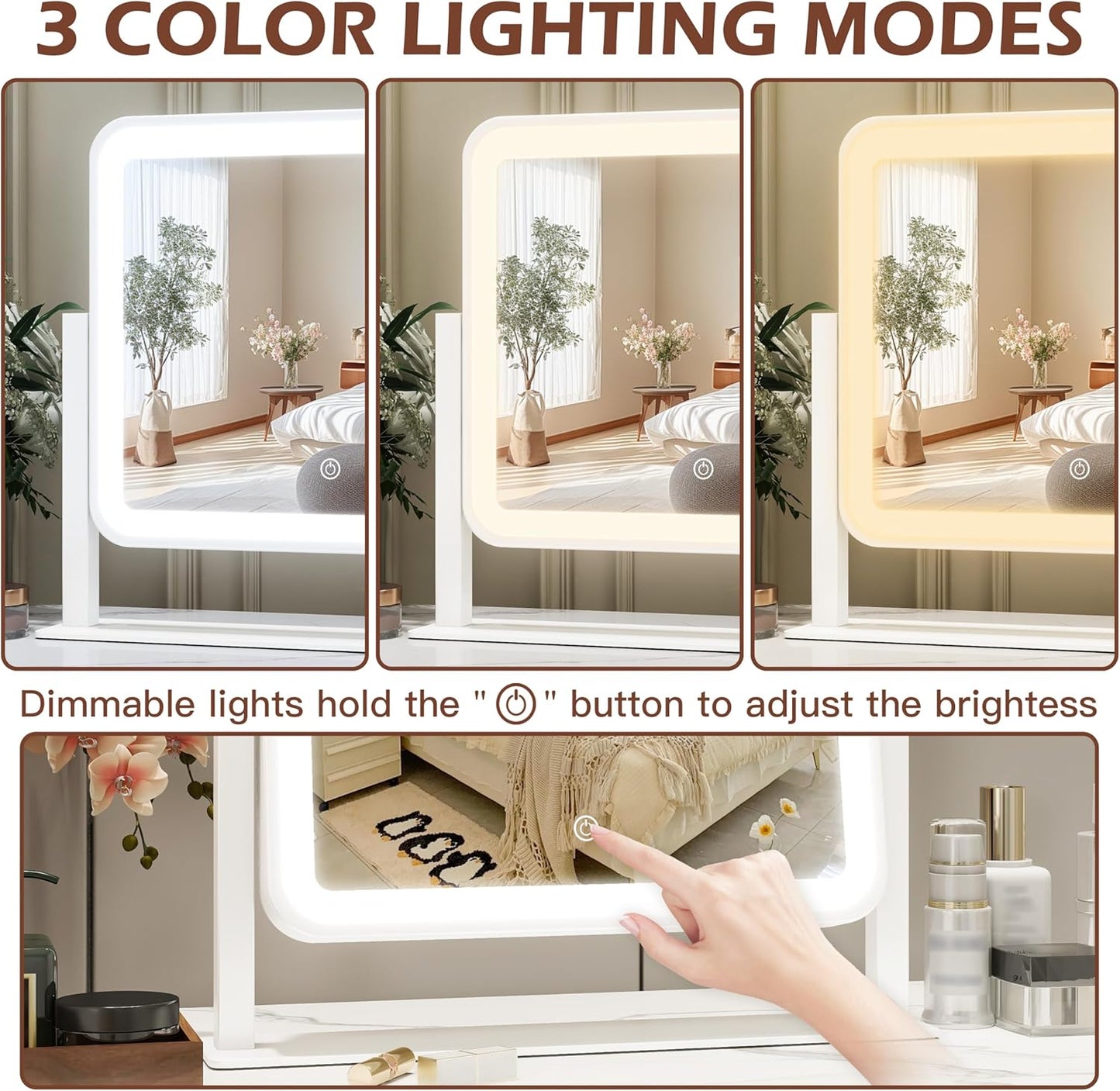 FENNIO Vanity Mirror with Lights 14"×12" Makeup Mirror with Lights,Lighted Vanity Mirror Tabletop,Smart Touch with 3-Color Lighting,Dimmable,for Vanity Desk Tabletop