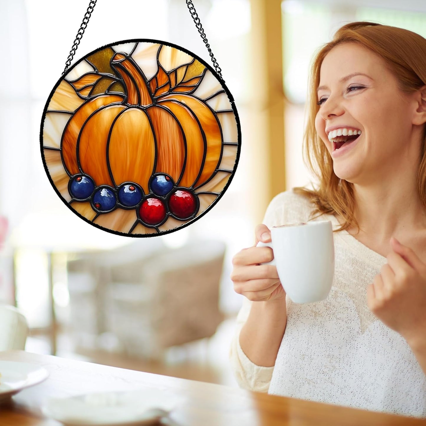 Stained Glass Window Hanging Fall Pumpkin Berries Large 11.8" - Suncatcher Door Garden Kitchen Sunroom Sun Catcher Autumn Home Decor Birthday for Mom Grandma Men Woman