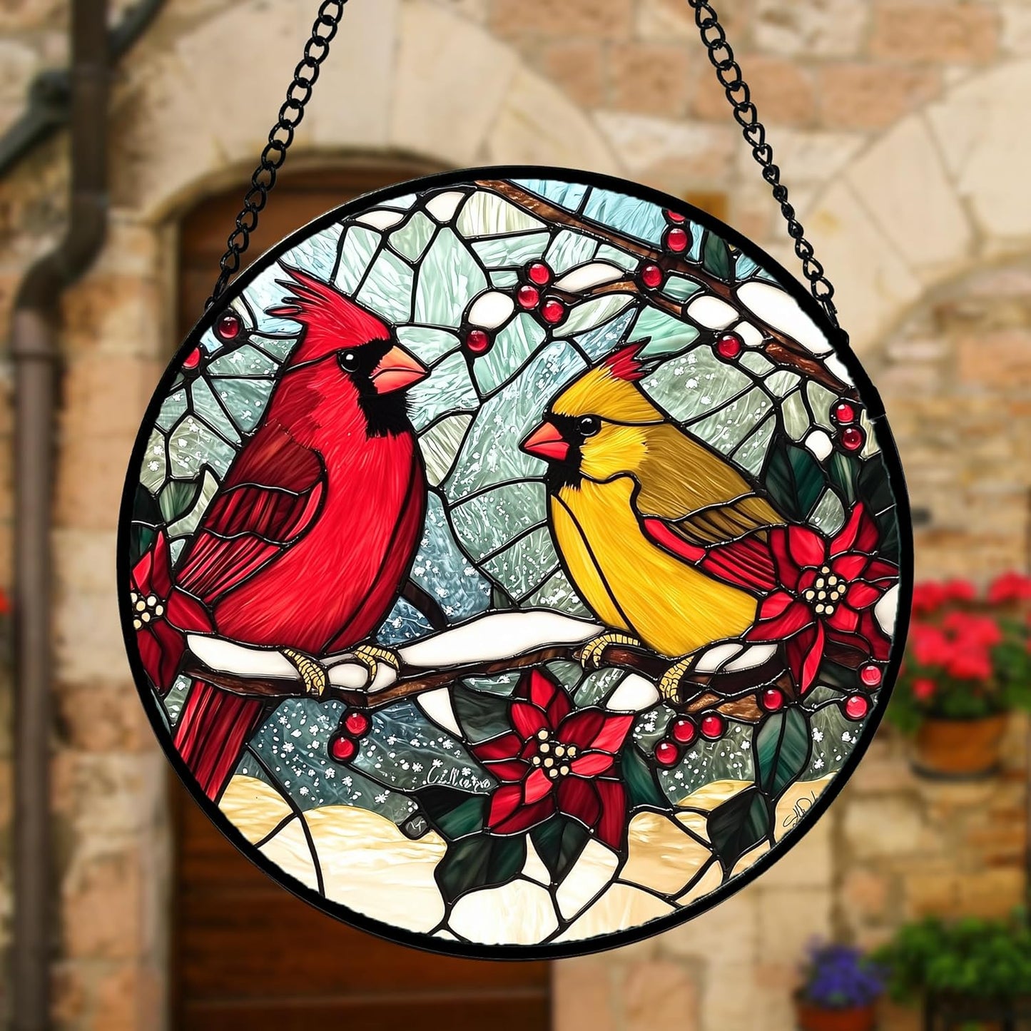Stained Glass Window Hanging, Love Birds Cardinals Sun Catchers Colorful Glass Panel Birds Suncatcher Decor for Birthday for Women, Men, Wife, Lovers, and Mom 9.8 in