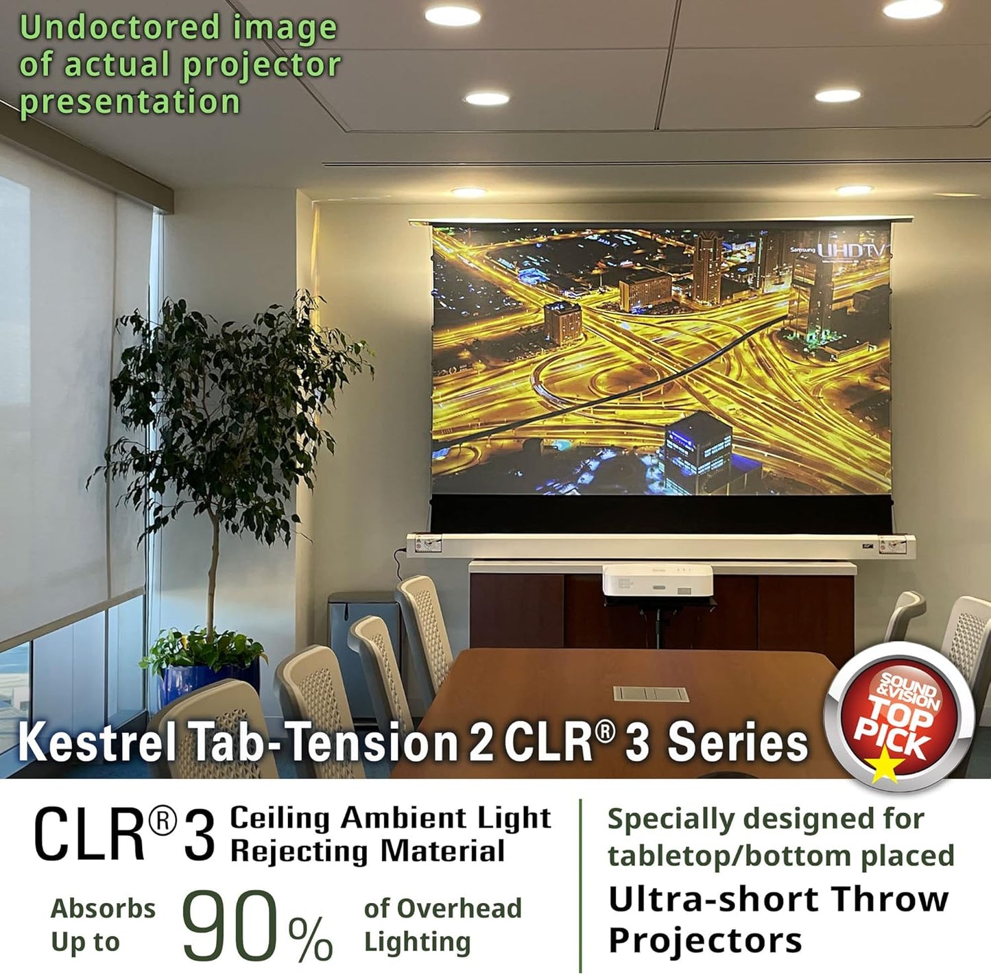 Elite Screens Kestrel Tab-Tension 2 CLR3, 121" 16:9, Ultra-Short Throw Ceiling Ambient Light Rejecting (CLR/ALR) Electric Floor-Rising Motorized Front Projector Screen, Black Casing, FTE121UH3-CLR3