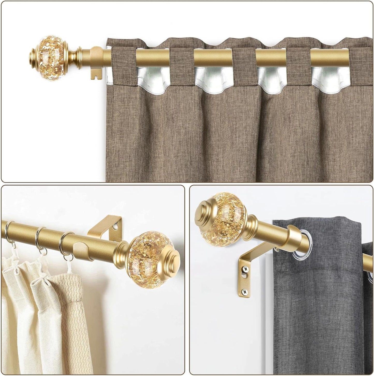 1 Inch Gold Curtain Rods for Windows 140 to 195 Inches (6 to 12 ft), USFOOK Telescoping Single Drapery Rod, Decorative Curtain Rod with Luxury Translucent Finials