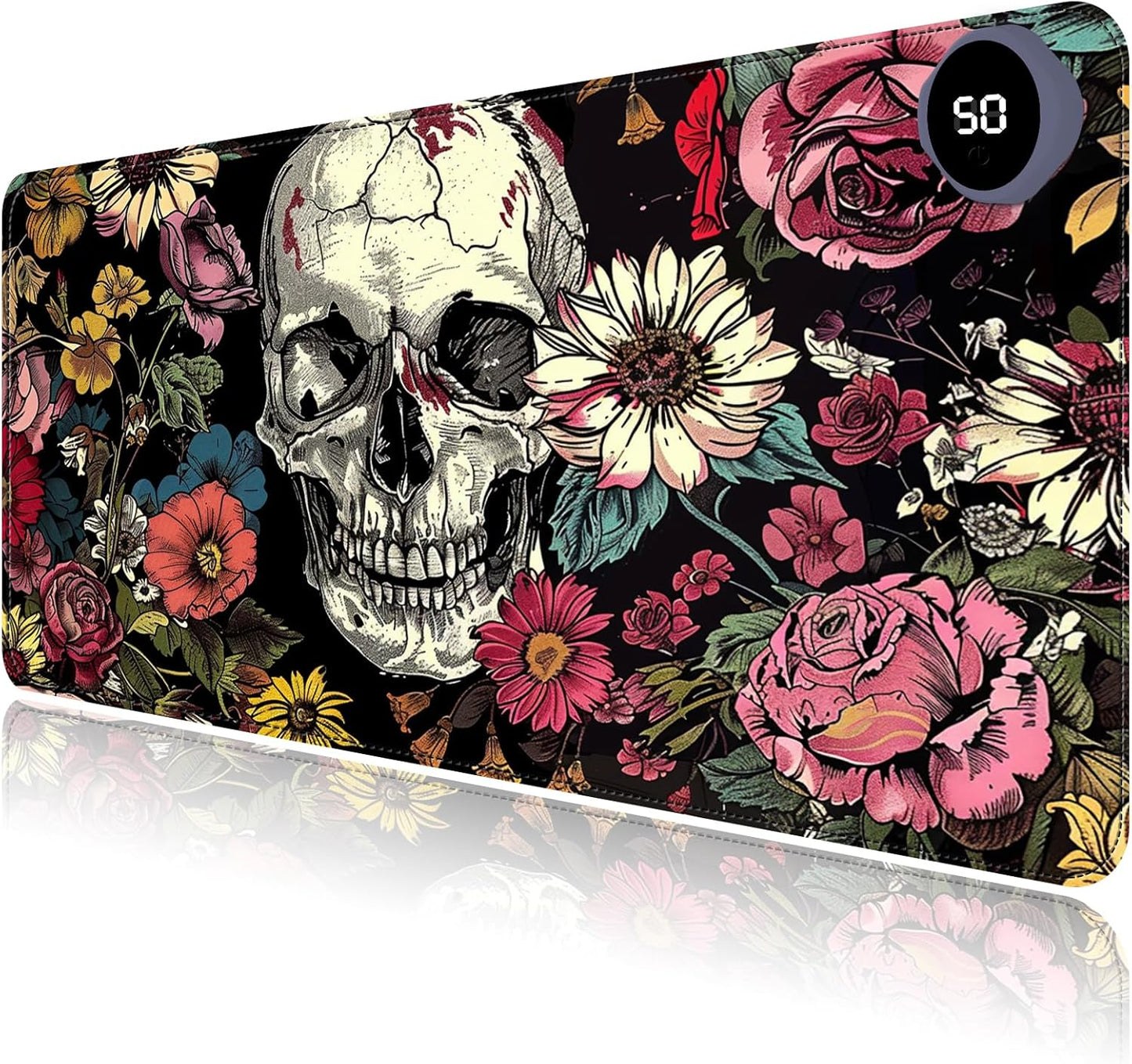 Heated Mouse Pad with 3 Levels Heated & 3 Hours Auto Shut-Off Mouse Pad for Warming Hands in Office Home, 31.5" x 13"Large Safe Desk Mat Hand Warmer，Skull in Flowers