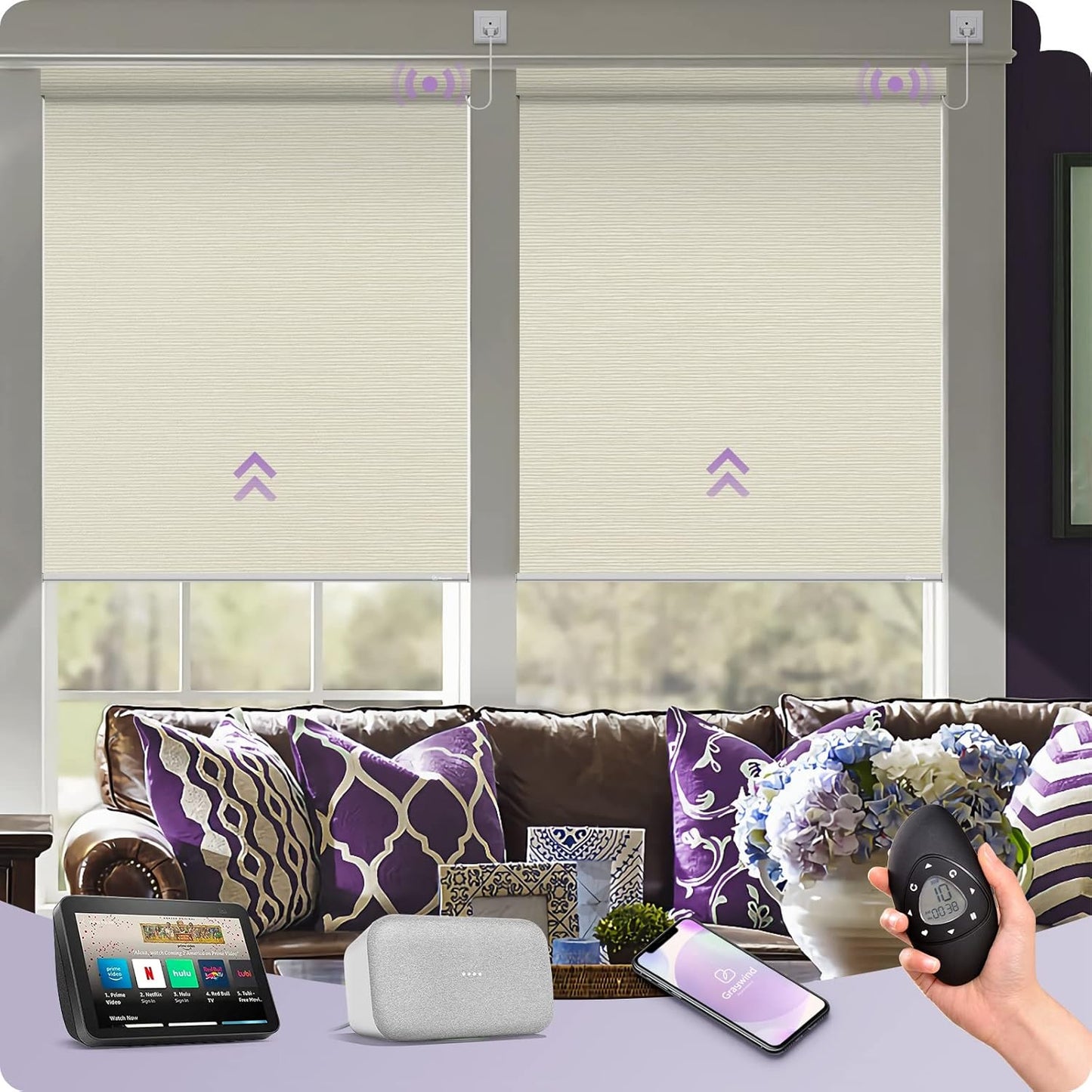 Graywind Smart Blackout Roller Shades Compatible with Alexa Google WiFi Hardwired Textured Gleaming Fabric Motorized Blinds Remote Window Shades, Custom Size (Striped Beige)