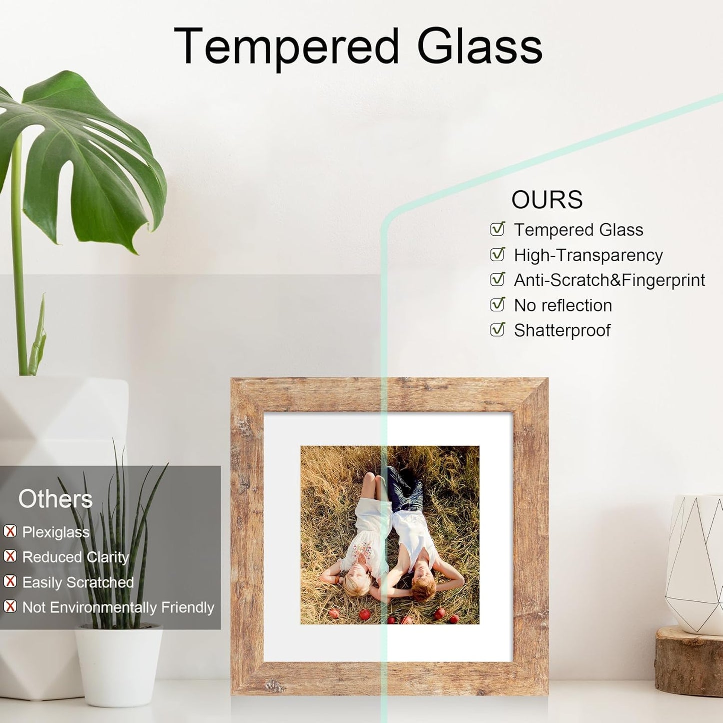 iRahmen 8x8 Picture Frame with HD Tempered Glass, Display Pictures 6x6 with Mat or 8 x 8 Without Mat, Wood Photo Frame for Tabletop and Wall (Rustic Brown, 1 Pack)
