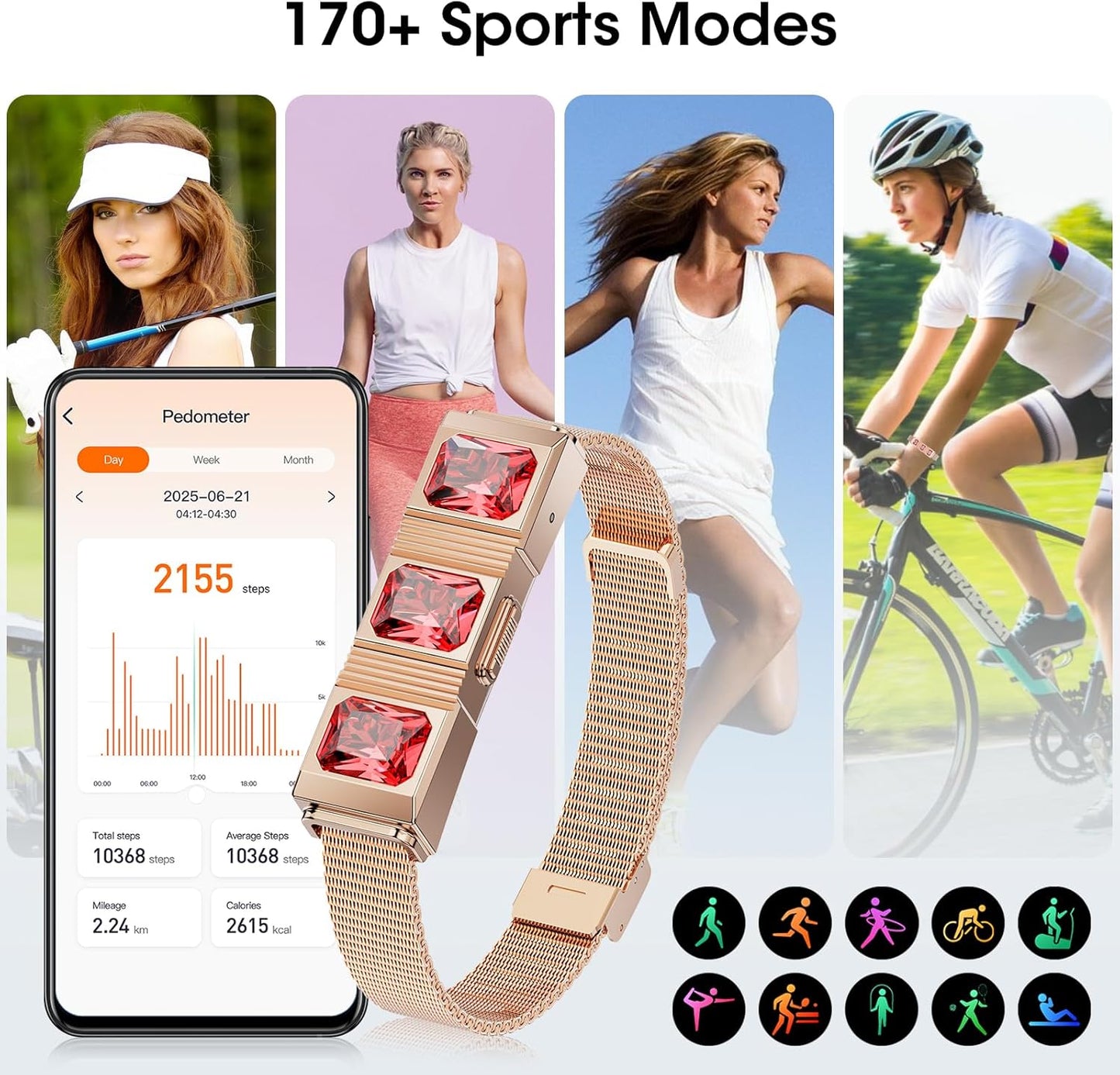 Mingtawn Women's Smart Bracelet with 2 Bands, Health Fitness Tracker, 24/7 Heart Rate/Blood Oxygen/HRV/Sleep Monitor, Fashion Ruby Wristband with Message/Call Reminder Free Subscription (Rose Gold)