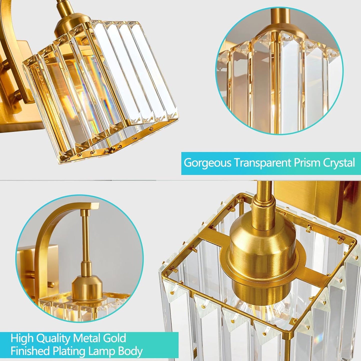 Wall Sconces, Set of 2 Gold Crystal Vanity Lights, Modern Wall Lamp for Bathroom, Hallway, and Makeup, Easy Installation