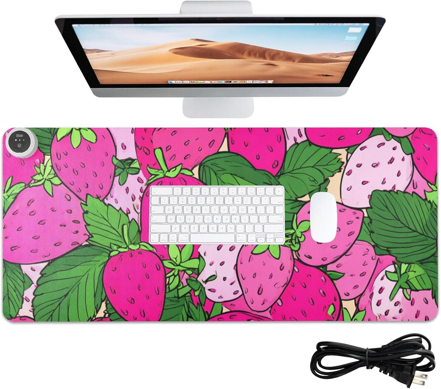 Heated Desk Pad Mouse Pad 31.5x13 Inch PU Leather Desk Mat with 3 Heat Levels Large Mouse Gaming Computer Laptop Mat Pink Cute Strawberries