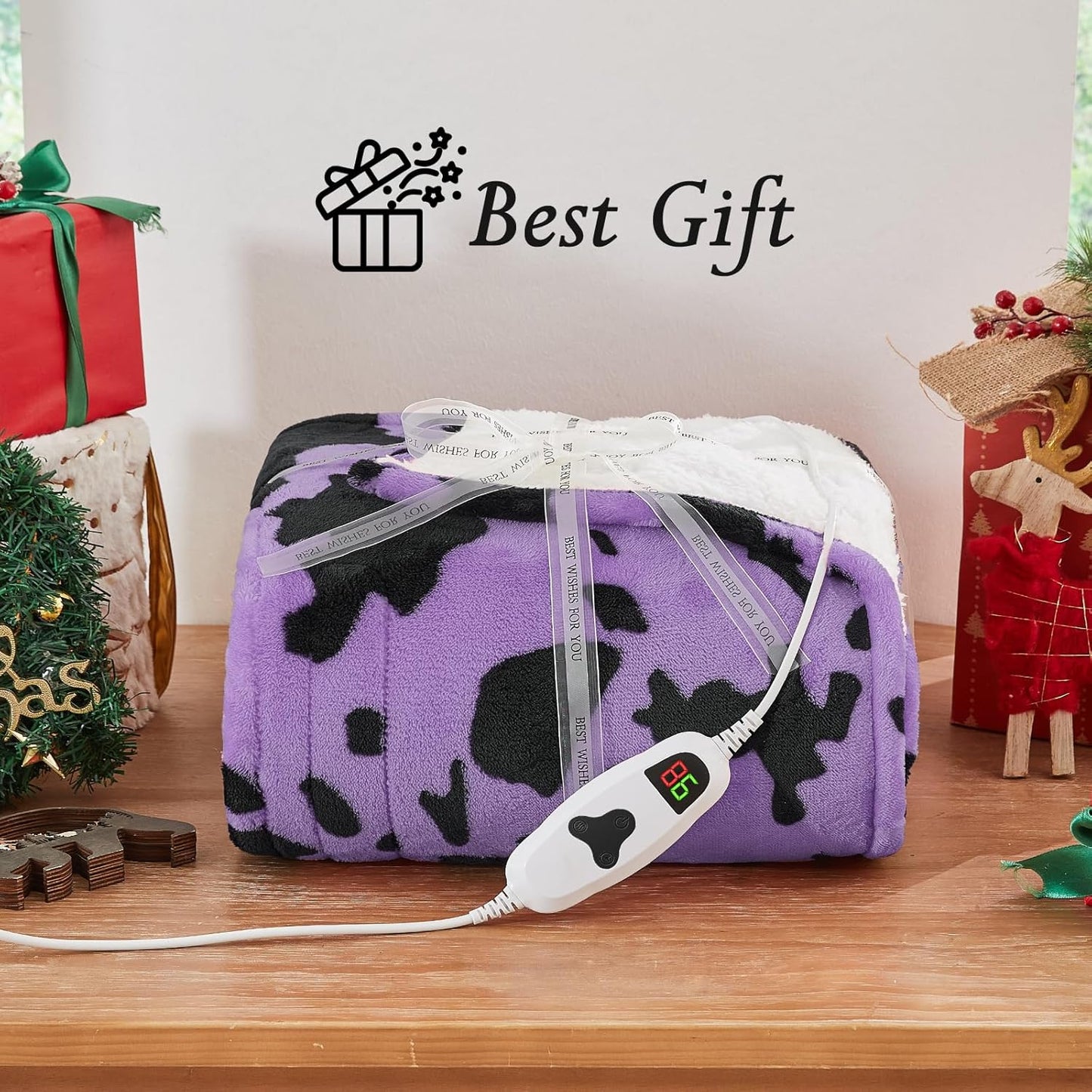 Cow Print Electric Heated Blanket Queen Size,84X90 Purple Heating Blanket Queen With Dual Control&Timer&10 Heat Levels,Highland Cow Decor Fleece Sherpa Blankets Warmer Gifts for Bed Women Adults
