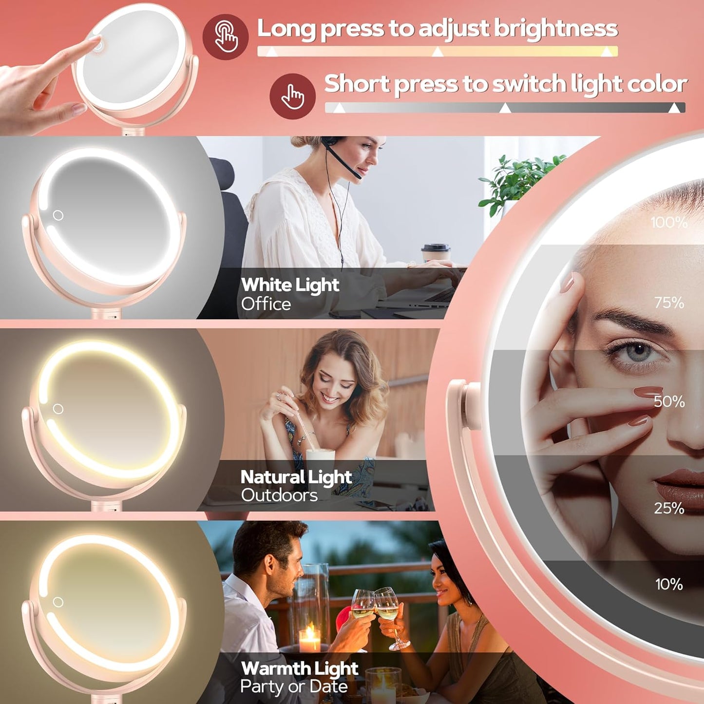 B Beauty Planet Makeup Mirror with Lights, Lighted Magnifying Mirror 30X with 3 Lighting and Adjustable Brightness, 2-Sided Height Adjustable Vanity Mirror for Bathroom, Gifts for Women Pink