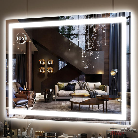 FENNIO Large Vanity Mirror with Lights，38" x 28" LED Makeup Mirror，Hollywood Mirror with 3 Color Modes & Adjustable Brightness，Vanity Mirror Square White