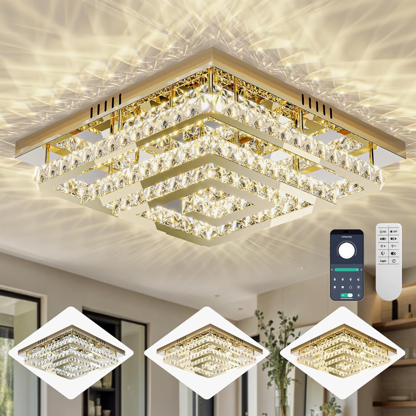 34" Modern Gold Crystal Chandelier with Remote/App Control, Dimmable Flush Mount Ceiling Light Fixture,3-Color Temperature, Led Ceiling Lamp for LivingRoom Bedroom Kitchen DiningRoom Entryway