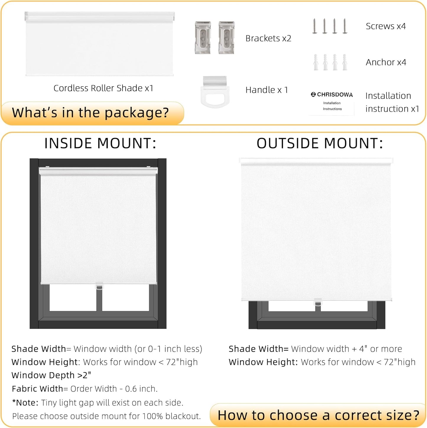ChrisDowa Cordless Blackout Roller Shades for Windows, Thermal Insulated UV Protection Pull Down Shades, Total Blackout Window Blinds for Home, Office, Bedroom, Door (72" W x 72" H, White)