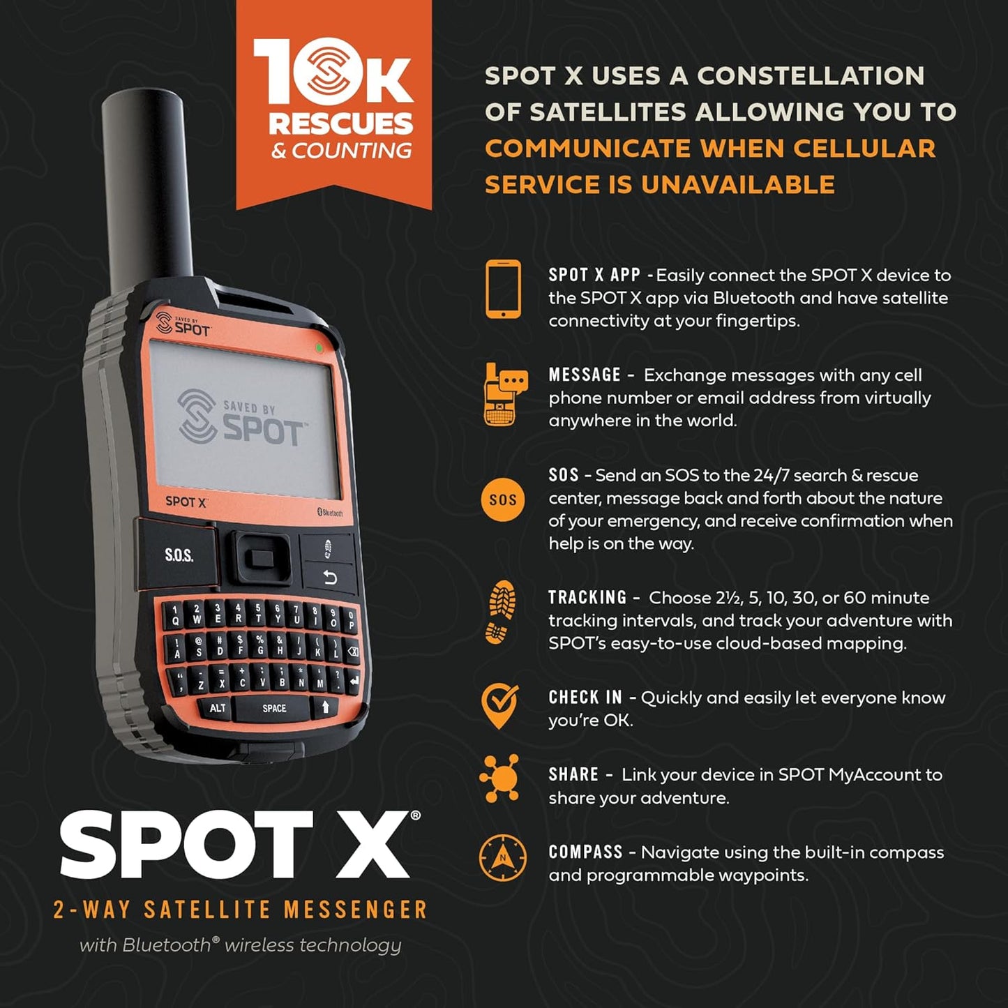 Spot X with Bluetooth 2-Way Satellite Messenger | SOS Protection | Handheld Portable 2-Way GPS Messenger for Hiking, Camping, Cars| Globalstar Satellite Network Coverage | Subscription Applicable