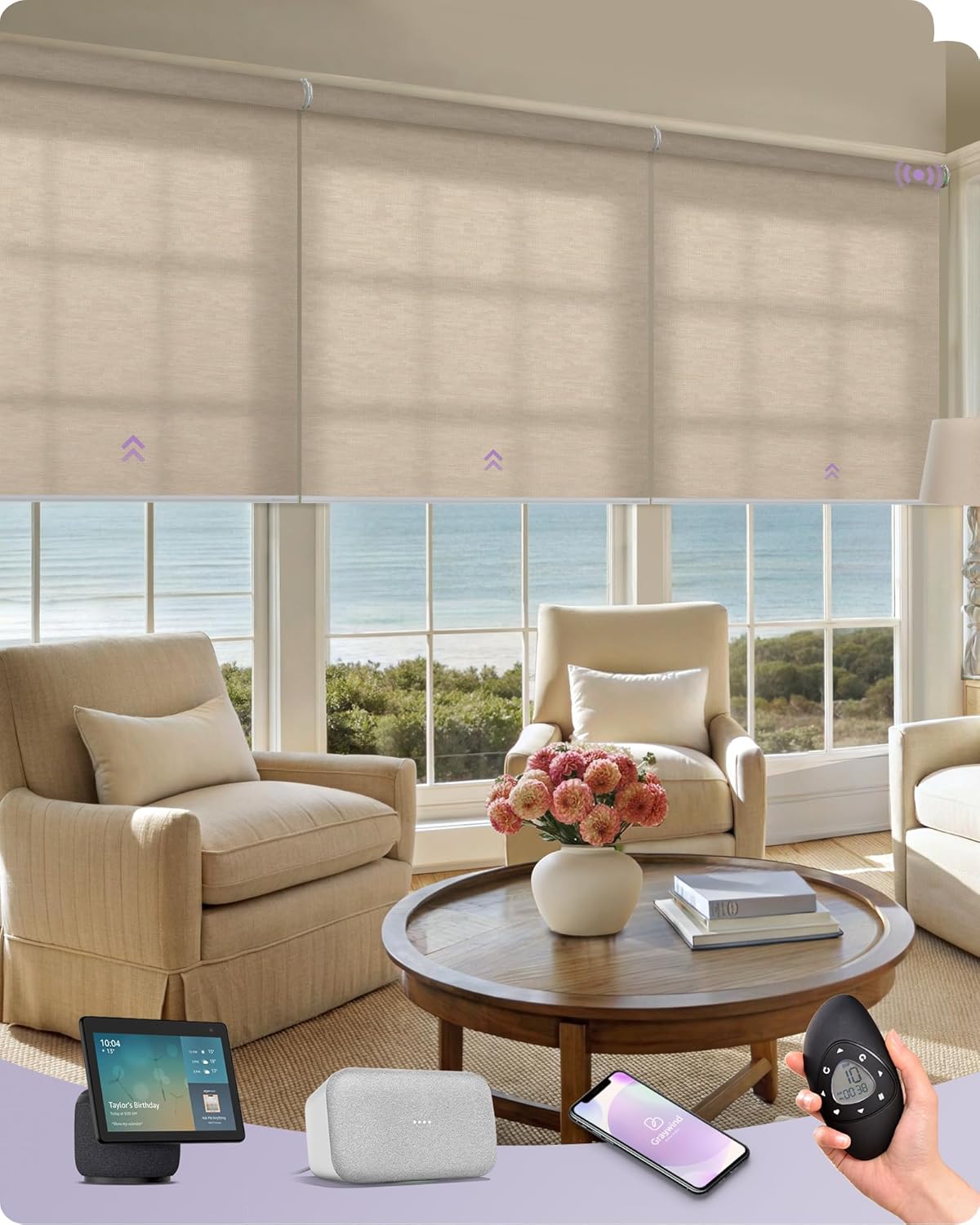 Graywind Smart Coupled Roller Shades Compatible with Alexa Google Custom Size Extra Large Motorized Blinds for Windows(Jacquard Coffee)