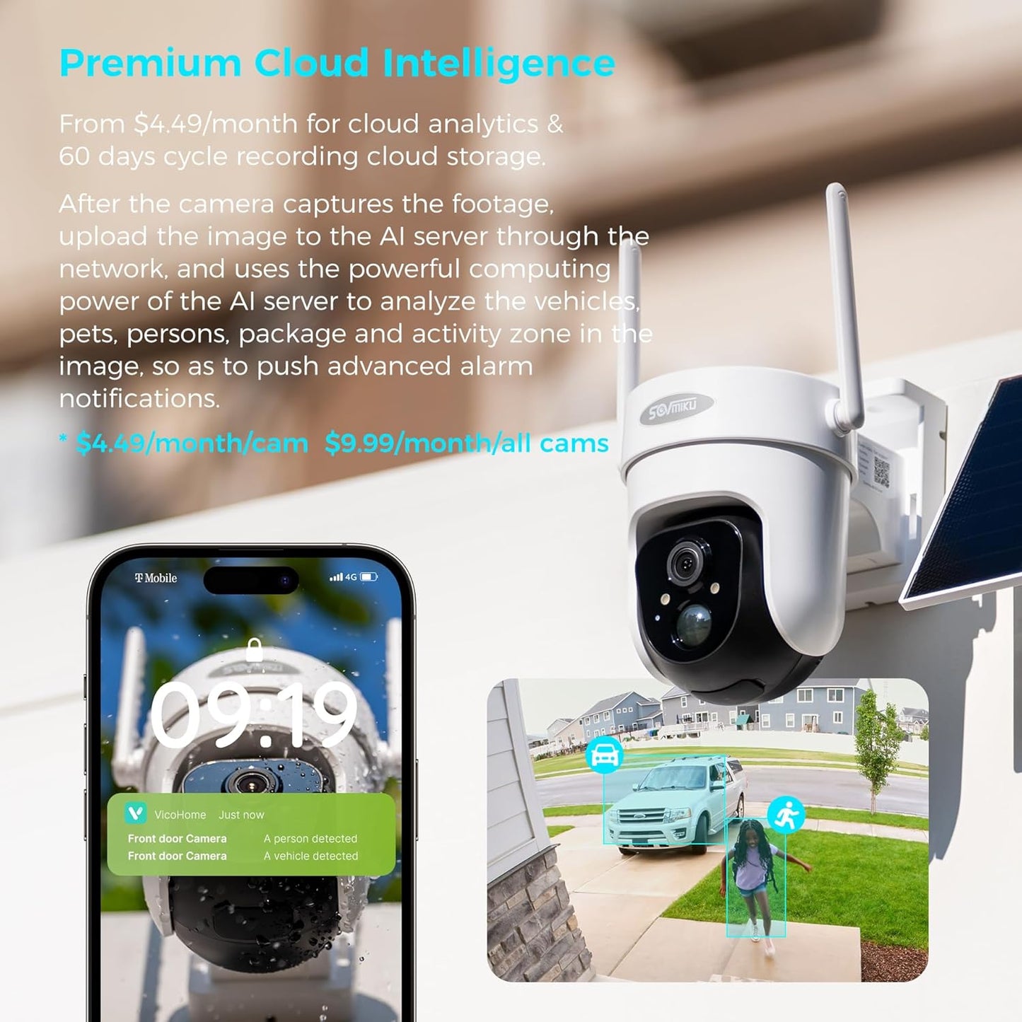 Vicohome CQ4G 2K AI Solar Security Camera Wireless Outdoor, Battery Powered Cam, Color Night Vision, Two Way Audio, Motion Detection, Easy to Setup, Audible Flashlight Siren, 180 Days Exchange Policy