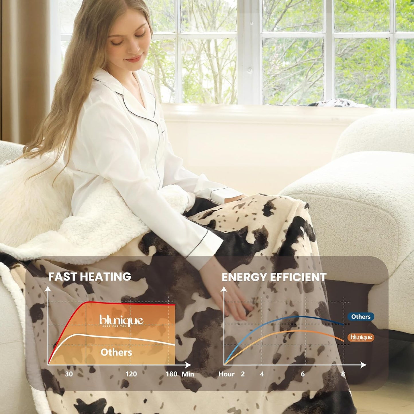 Cow Print Heated Blanket Twin-Heating Electric Blanket Twin with 10 Heat Levels & 10 Hours Auto-Off, Cozy Soft Fleece Sherpa, Washable, 62 x 84 Inche Cow Print Light Brown