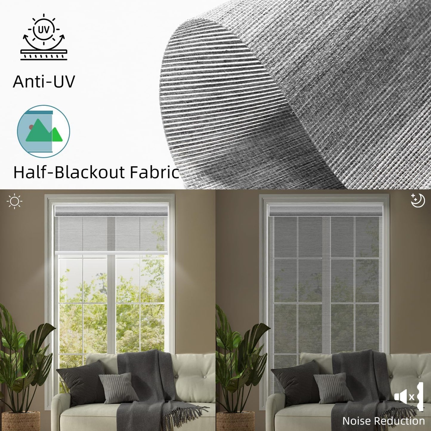 SmartWings Motorized Light Filtering Shades, 50% Blackout PVC Free Smart Blinds, Custom Size, Rechargeable Battery, Works with Matter/Apple HomeKit, Alexa, Thread/Zigbee, Remote Optional, 50% Silver