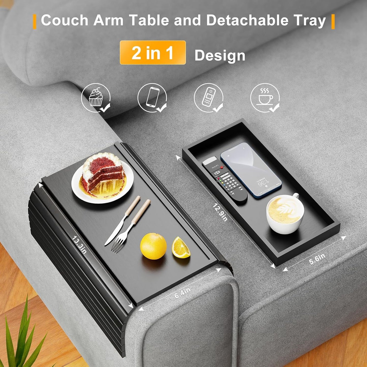 Bamboo Sofa Armrest Tray Table for Couch - 2-in-1 Couch Arm Table with Be Slide Detachable Tray- Anti-Slip Foldable Sofa Armchair Caddy for Drinks Cellphone TV Remote Snacks (Black)