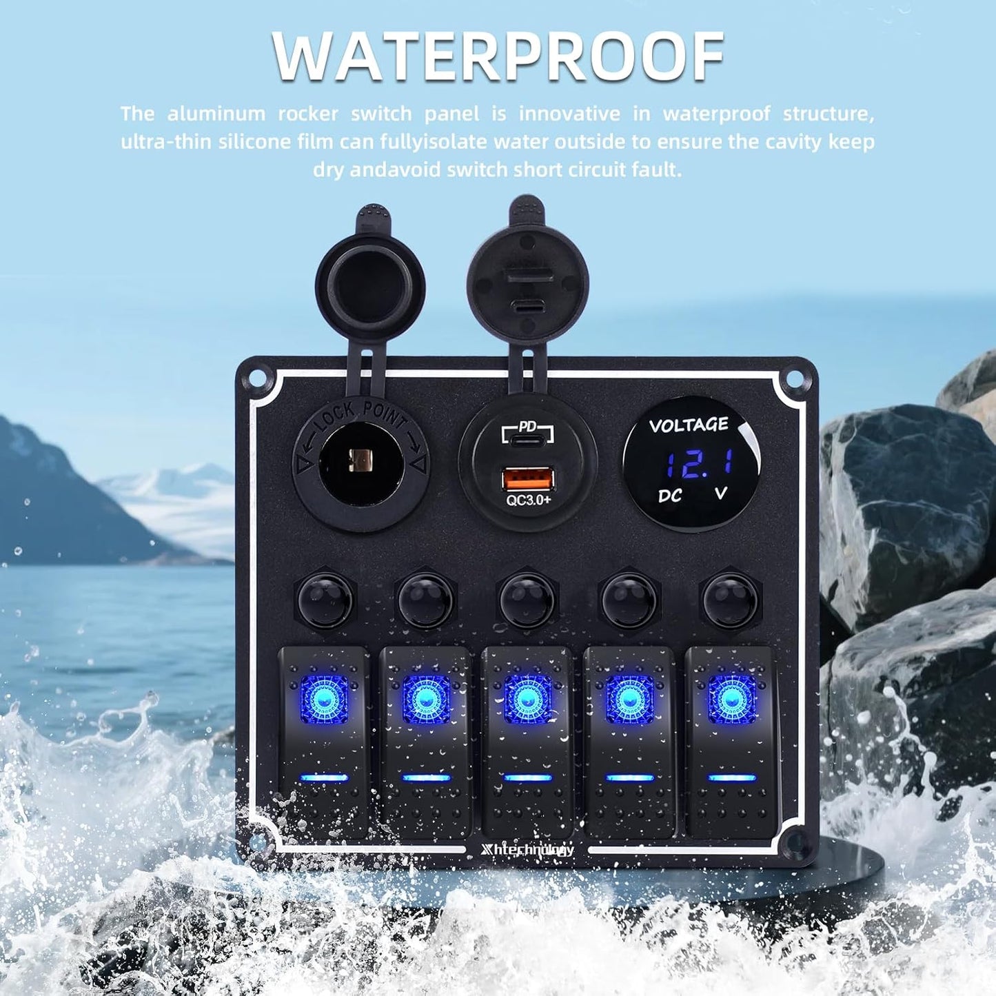 5 Gang Marine Boat Switch Panel with Dual USB Charger & Voltmeter, Waterproof Aluminum Rocker Switch Panel for Marine Automotive Truck RV Trailer with Lighter Socket Press Protector, 12/24V Black