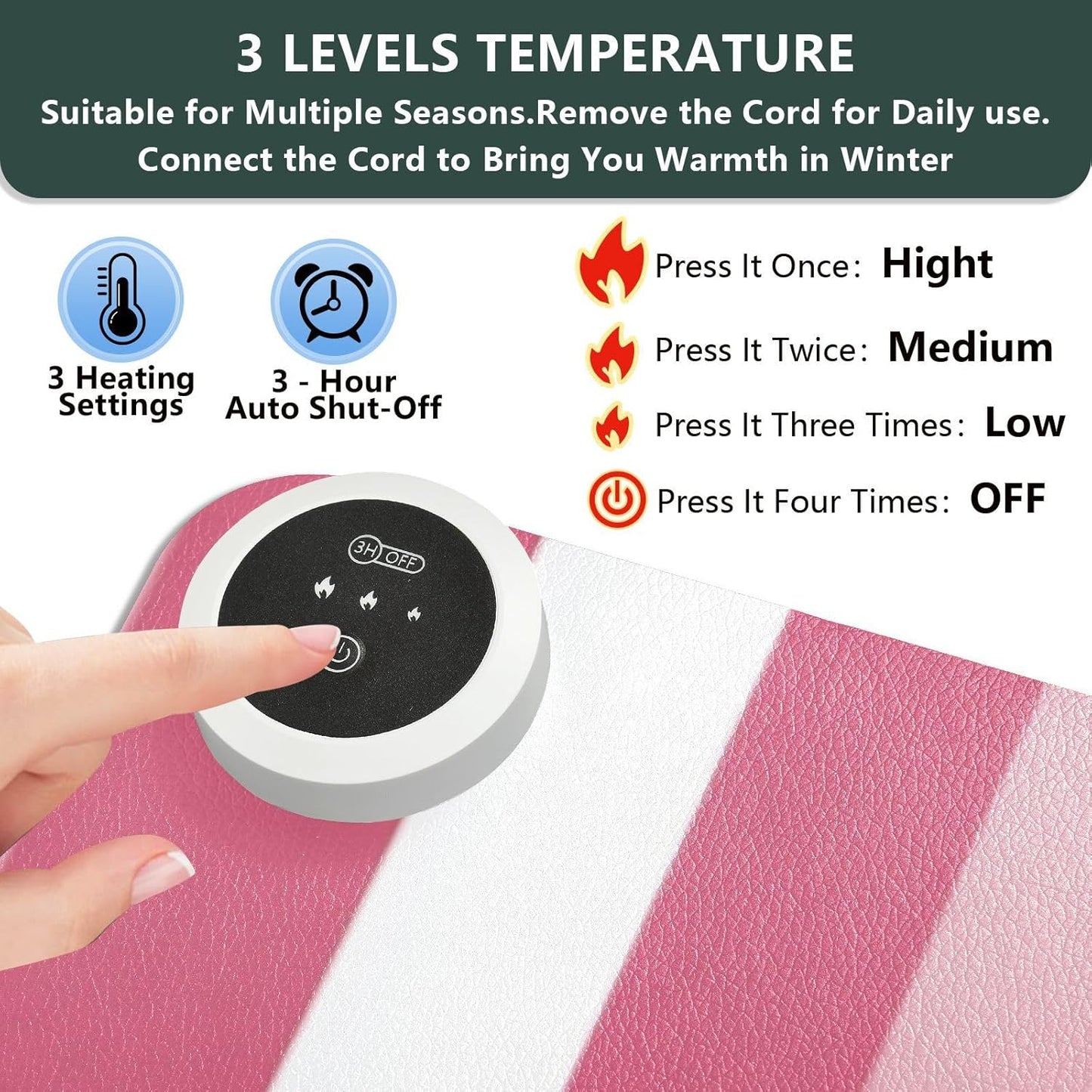 Heated Desk Pad Mouse Pad 31.5x13 Inch PU Leather Desk Mat with 3 Heat Levels Large Mouse Gaming Computer Laptop Mat Pink and White Stripes