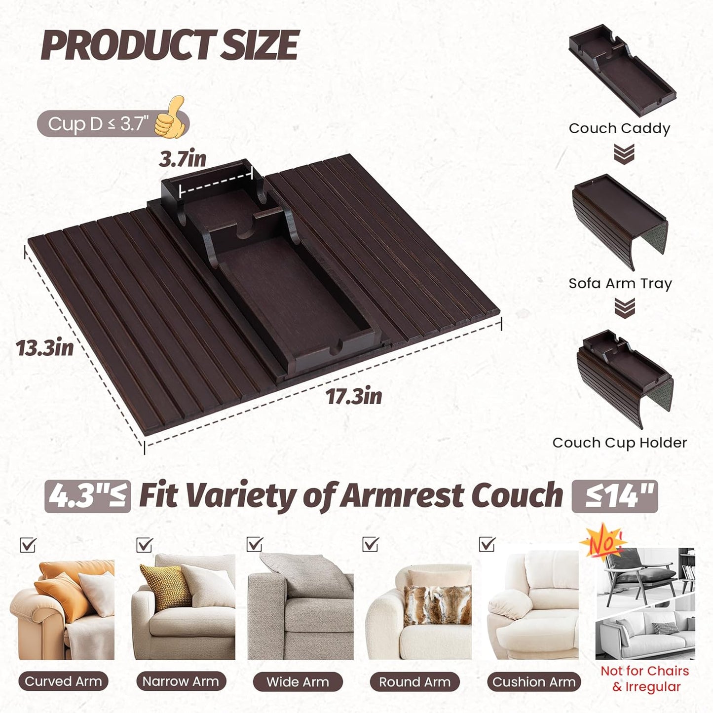 GEHE Detachable Couch Cup Holder, Anti Falling Sofa Arm Tray, Natural Bamboo Sofa Cup Holder More Safe for You Family, Portable Couch Arm Tray Armrest Table for Remote, Snacks, Phone, Drinks