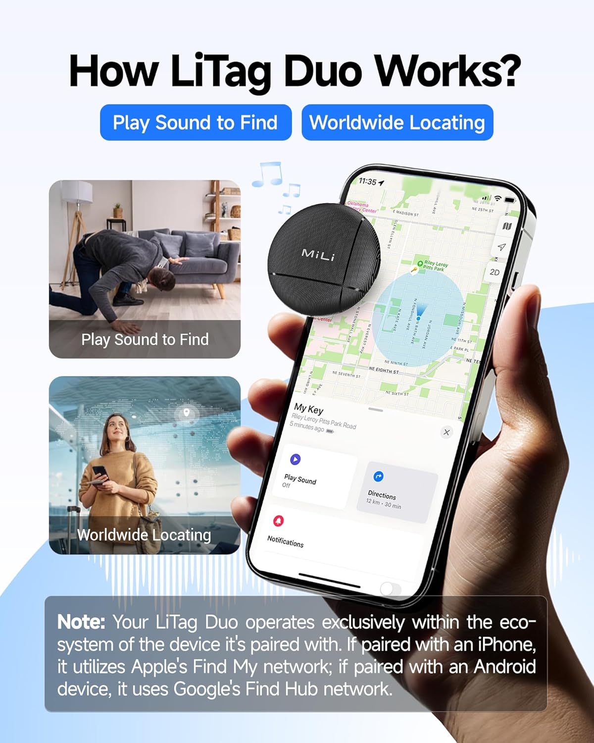 LiTag Duo - Tracker Tag for iOS and Android, Bluetooth Tracking Tag/Key Finder/Luggage Tracker/Item Locator, Compatible with iOS Find My or Google Find Hub App (Dual System, 1PC)