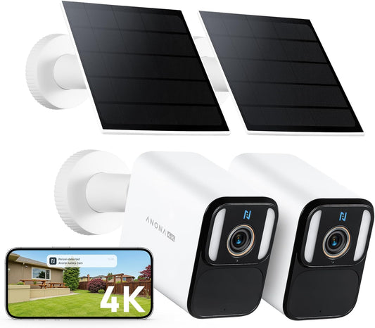 Anona Aurora 4K Solar Security Cameras Wireless Outdoor, Forever Power with Solar Panel, 8MP Color Night Vision, 24/7 AOV Recording, No Monthly Fees, AI Detection, Easy Setup, 2.4 G WiFi, IP67, 2 Pack