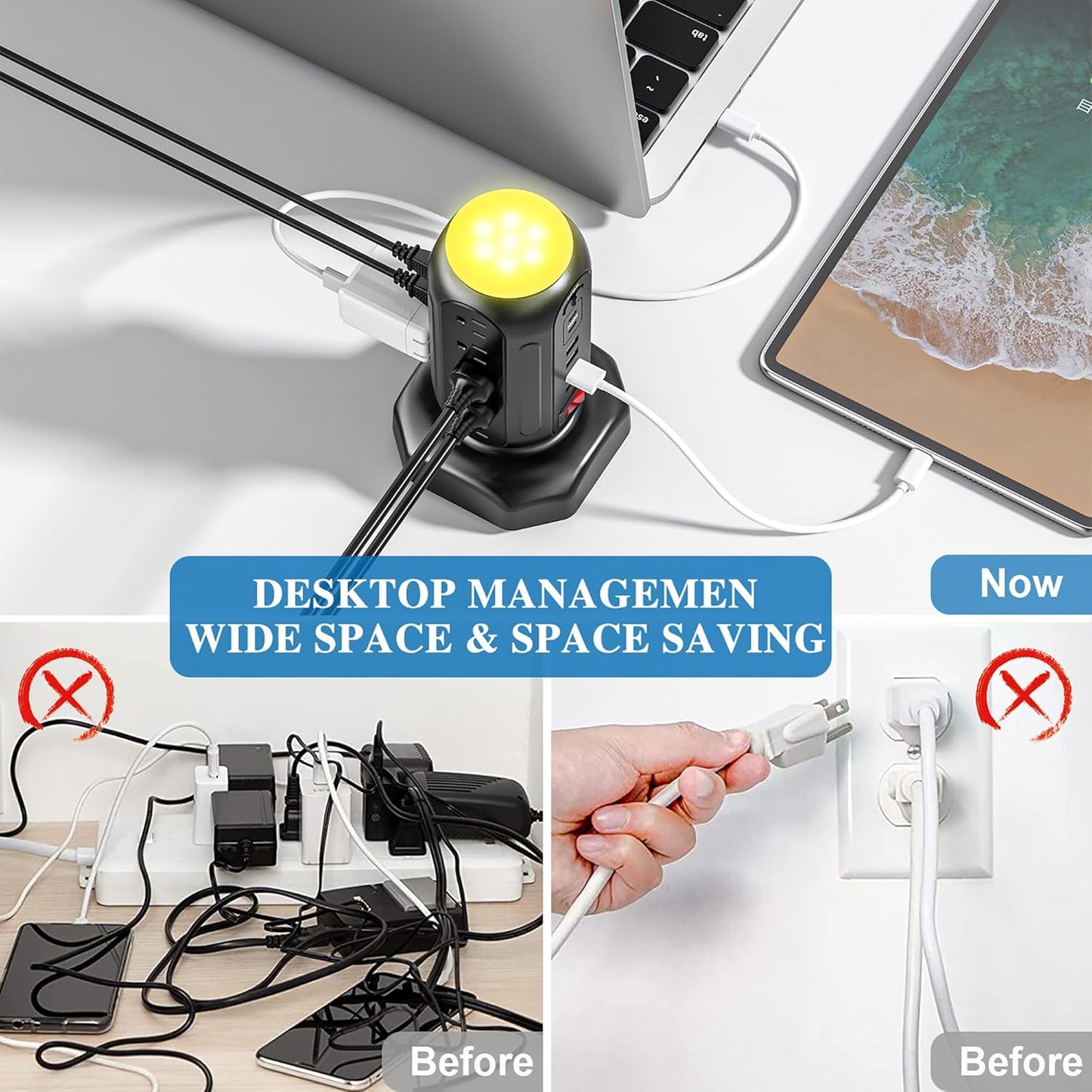 PD 30W Fast Charging Power Strip, with Surge Protector, RGB Night Light, 15 Outlets Power Tower, 2 Type C and 4 USB Ports, Space Saving, Retractable Extension Cord 6.5ft for Home (Black)