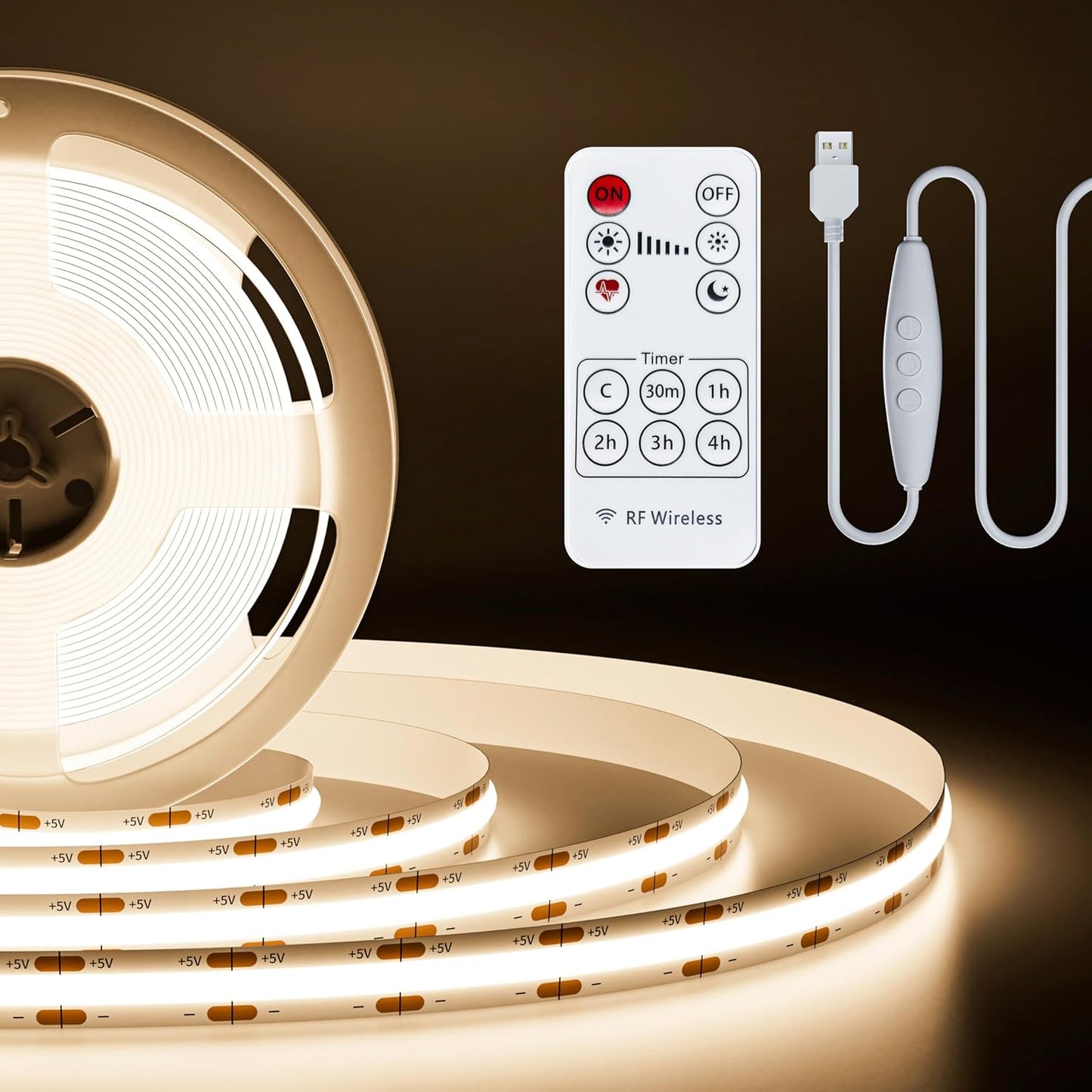 PAUTIX 5V USB COB LED Strip Light 6.56ft/2m 640LEDs Dimmable 4000K Natural White CRI90+ with RF Remote,1200lm,Flexible Tape Light for Under Cabinet,Bedroom,TV Backlight,Kitchen,Home DIY Lighting