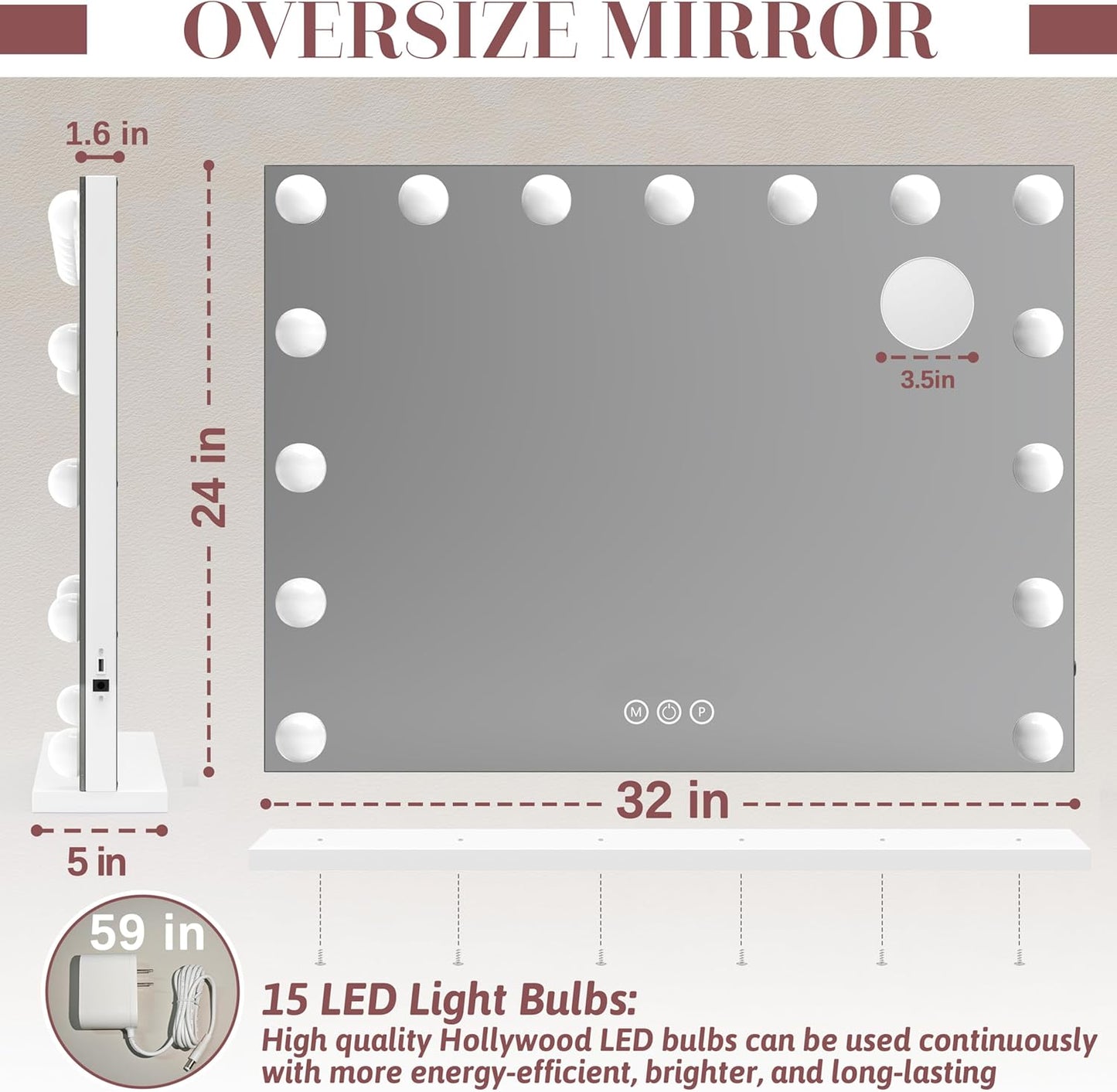 ROLOVE 32"x24" Hollywood Vanity Mirror with Lights, 18 Dimmable LED Bulbs, 3 Color Modes, 10X Magnification, USB Charging Port, Tabletop or Wall-Mounted