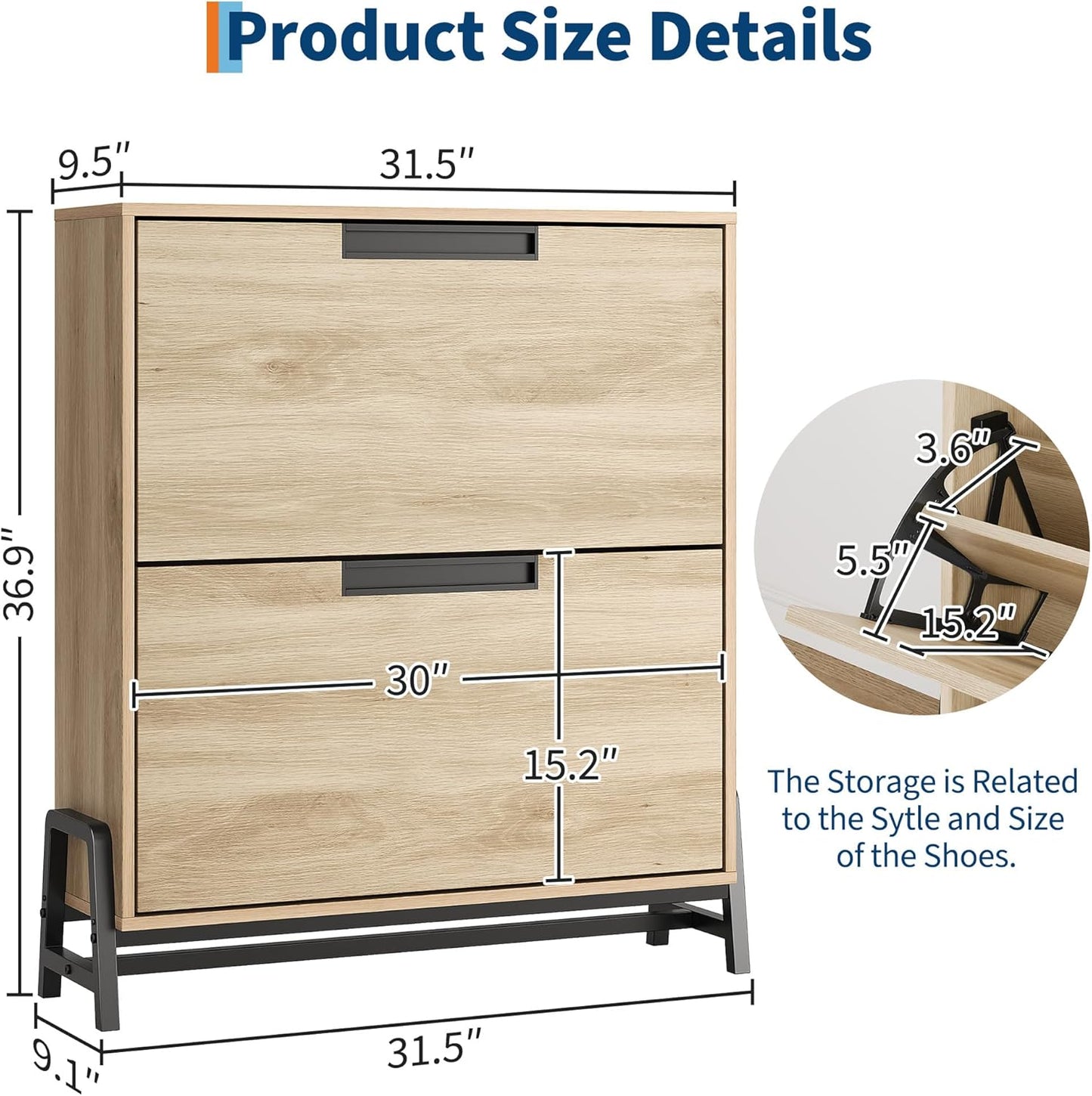 CABIHOME Shoe Storage Cabinet with 2 Flip Drawers, Freestanding Shoe Organizer with Metal Legs, Adjustable Shelf Narrow Shoe Rack Cabinet for Entryway, Hallway, Living Room, Oak
