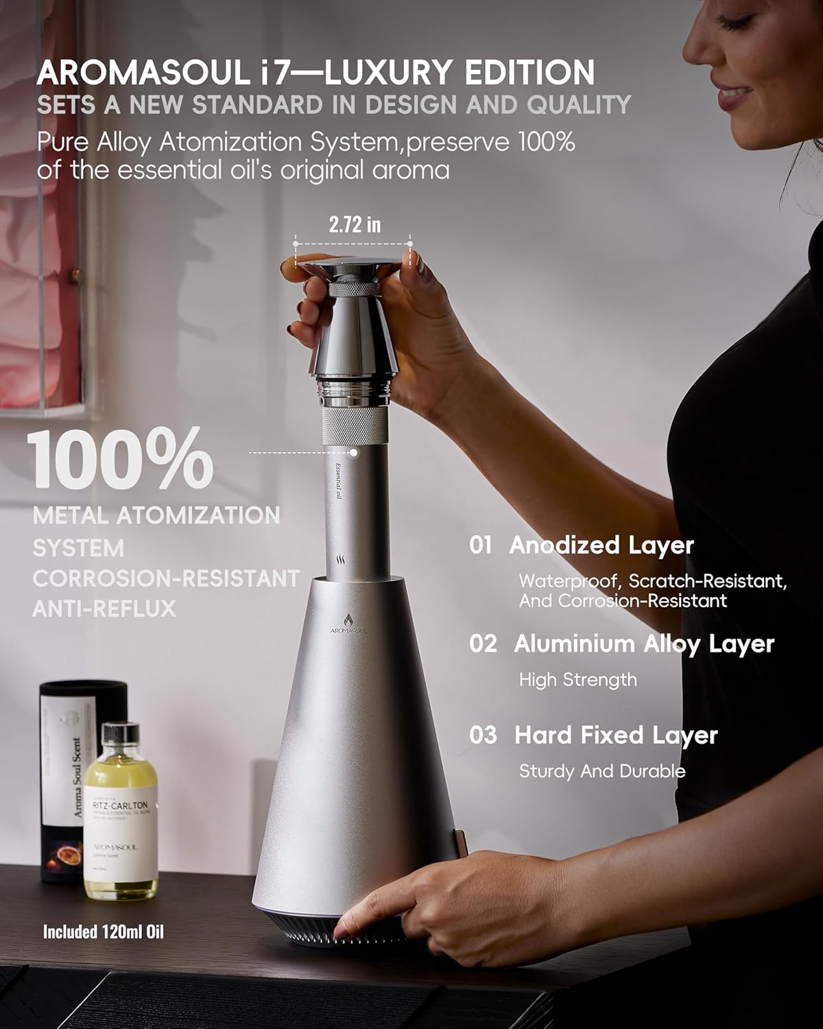 Waterless Scent Diffuser Starter Kit - 1500 Sq Ft Coverage, Alloy Atomization System,Mood Light,Smart Rechargeable Hotel Scent Diffuser, Including 120ml Essential Oil, for Home,Large Room,Spa,Silver