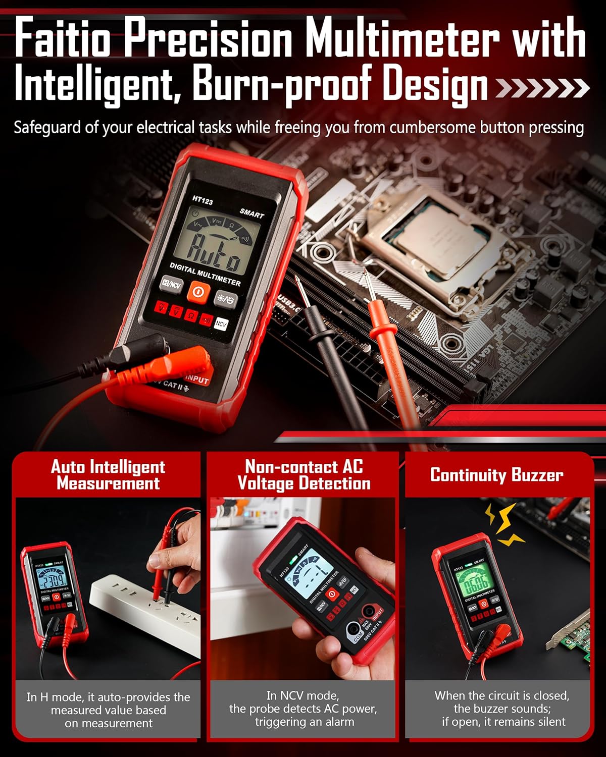 Auto Range Digital Multimeter with DC AC Voltmeter and Ohm Volt Amp Meter, 4000 Counts Auto Voltmeter with Non-Contact Voltage Function, Resistance, Continuity, Current, Resistance, Outlet Tester