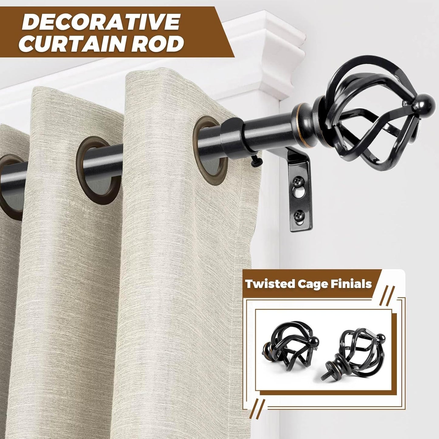 KAMANINA Curtain Rods for Windows 66 to 120 Inch, 3/4 Inch Black Curtain Rod 32 to 115 Inches (2.6-9.6ft) Splicing Adjustable Single Drapery Rod with Twisted Cage Finial