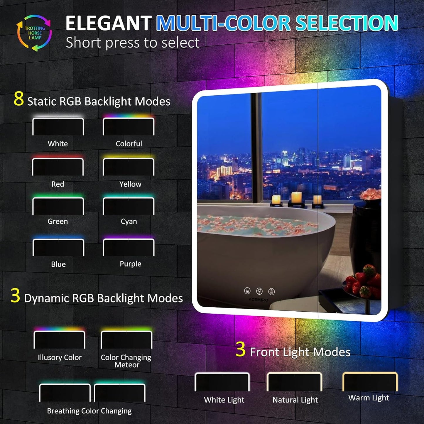 LED Medicine Cabinet with Lights, 30×32 Inch Lighted Medicine Cabinet with Mirror and Adjustable Lights, RGB Multicolor Backlit+3-Color Front Lighted, Defogger, Memory Function, Wall Mounted