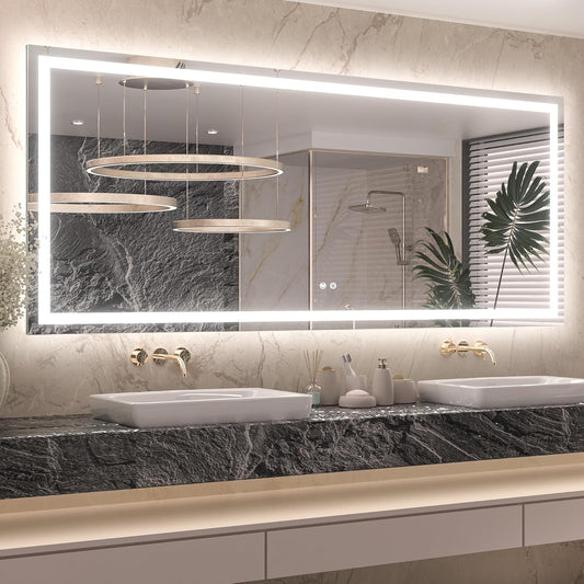 Keonjinn LED Bathroom Mirror 72" x 32" with Frontlit & Backlit, Lighted Mirror for Bathroom Wall with Dimmable 3-Color Lights, Large Anti-Fog Mirror, HD Tempered Glass, UL-Listed LED Driver