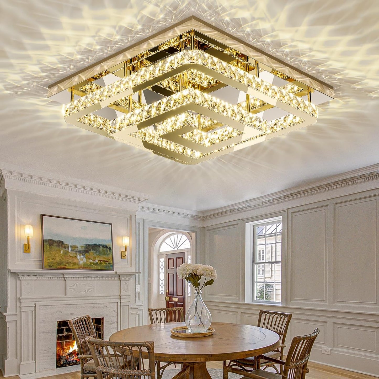 34" Modern Gold Crystal Chandelier with Remote/App Control, Dimmable Flush Mount Ceiling Light Fixture,3-Color Temperature, Led Ceiling Lamp for LivingRoom Bedroom Kitchen DiningRoom Entryway